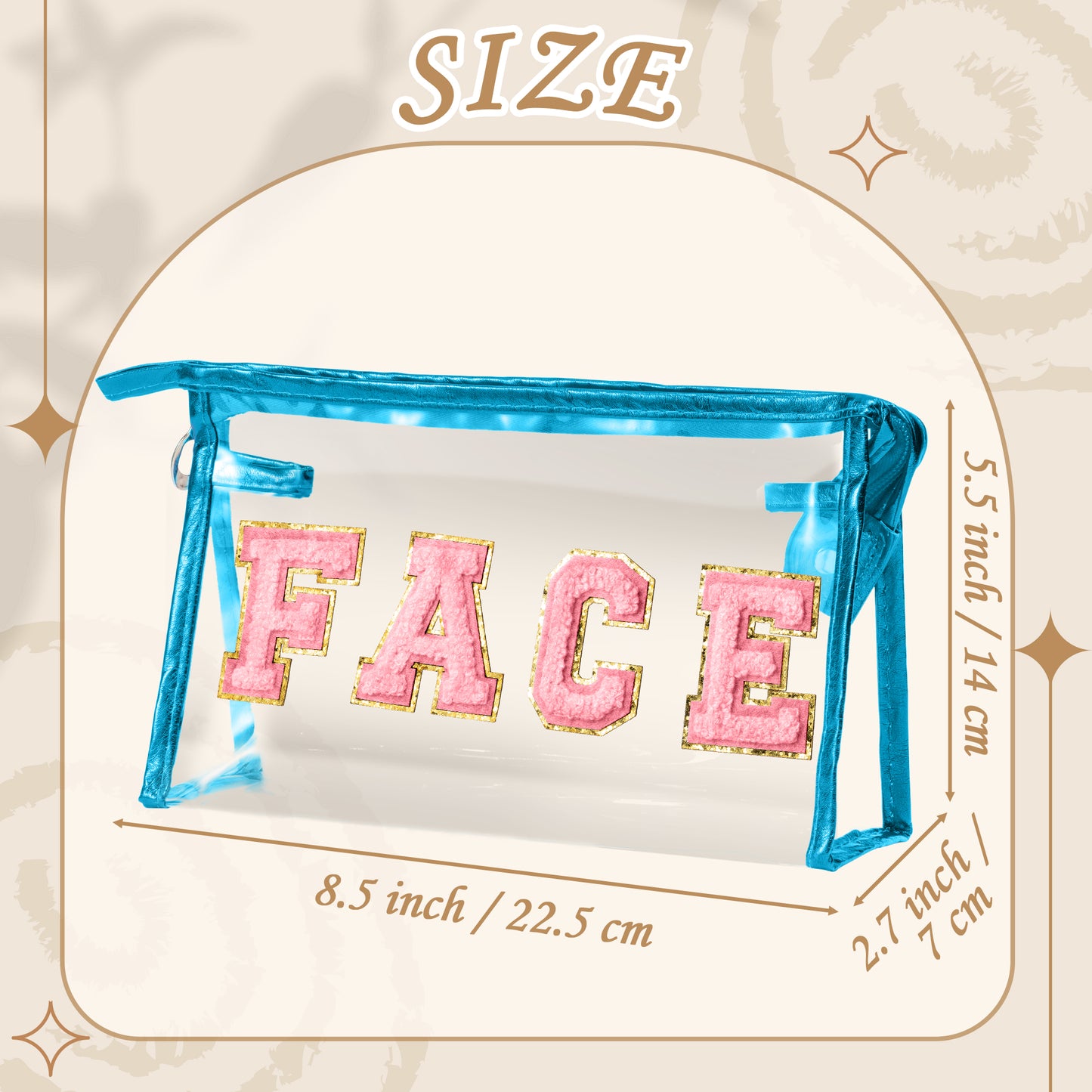 Y1tvei Clear FACE Makeup Bag - Preppy Pink FACE Chenille Varsity Letter Cosmetic Bag PVC Transparent Zipper Waterproof Beach Swim Makeup Pouch Portable Travel Toiletry Organizer for Women(Blue)