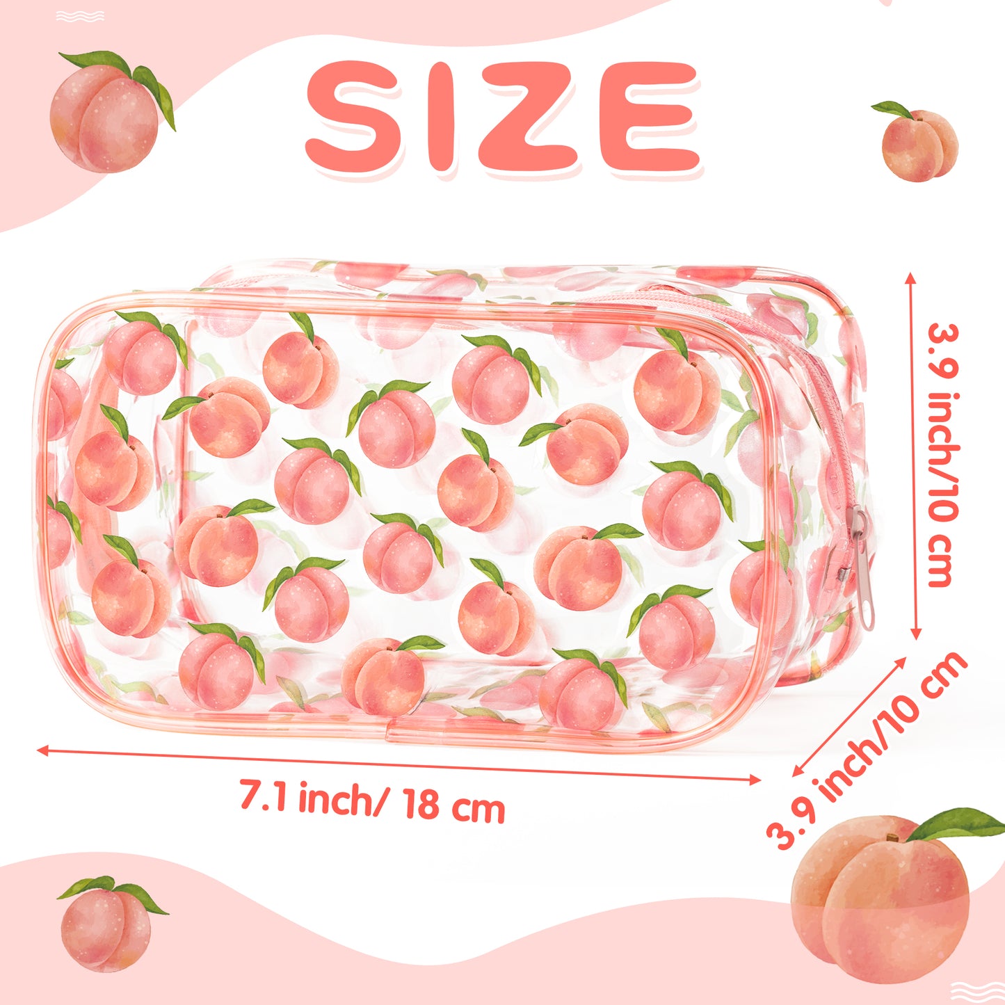 Y1tvei Pink Multiple Peaches Print Clear PVC Makeup Bag Cute Fruit Pattern Plastic Transparent Cosmetic Toiletry Bag Waterproof Portable Travel Organizer Zippered Clutch Purse for Women Girl Teens