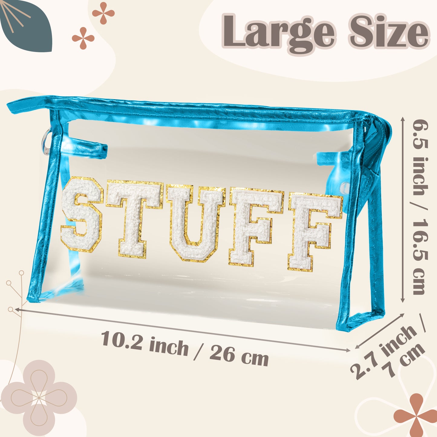 Y1tvei Clear STUFF Makeup Bag - Preppy Patch White Chenille Varsity Letter PVC Transparent Extra Large Cosmetic Pouch Portable Waterproof Travel Organizer Toiletry Compliant Bag for Women(Blue)