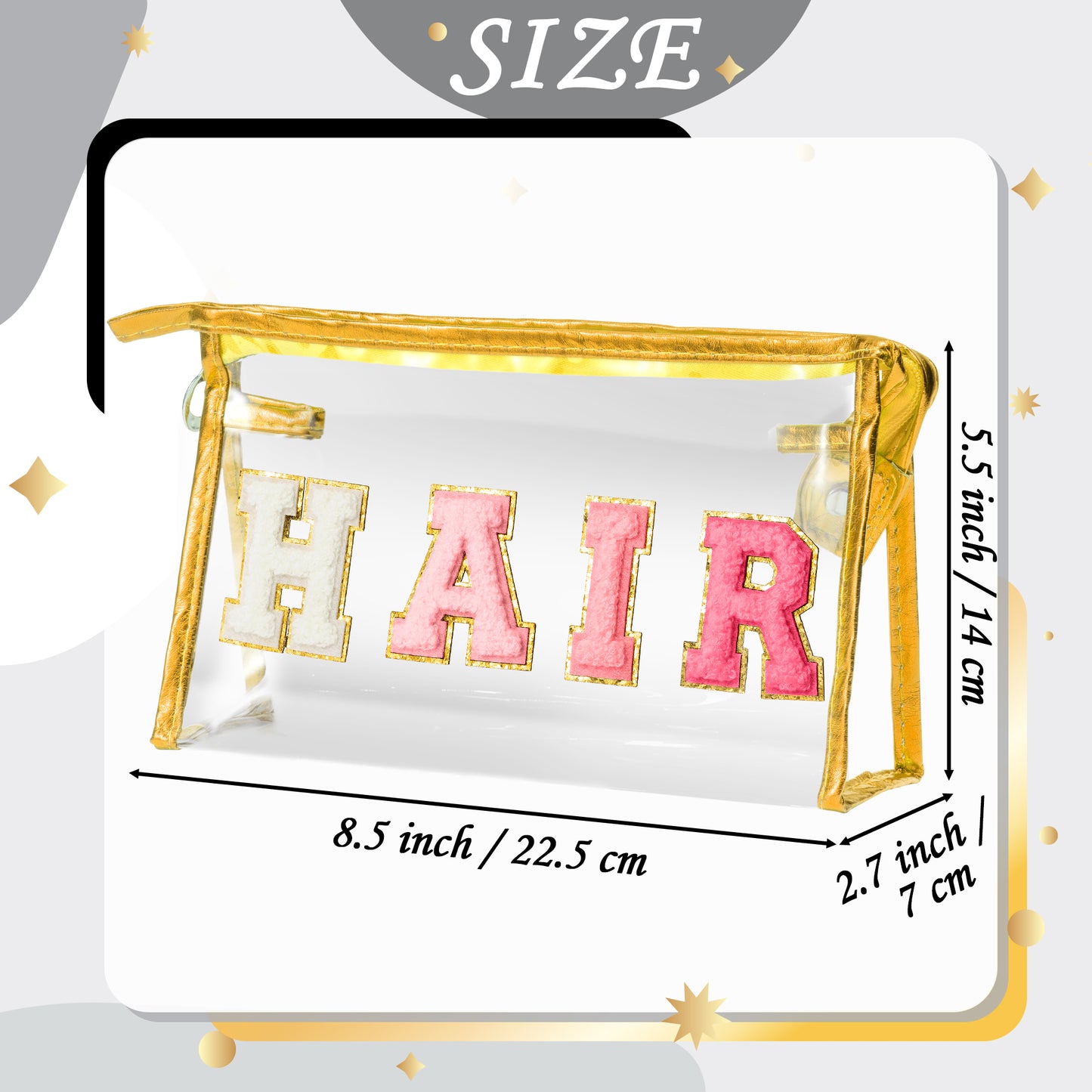 Y1tvei Clear HAIR Makeup Bag - Preppy Patch Rose Red Chenille Varsity Letter Cosmetic Bag Transparent PVC Zipper Waterproof Portable Beach Travel Storage Pouch Toiletry Organizer for Women(Gold)