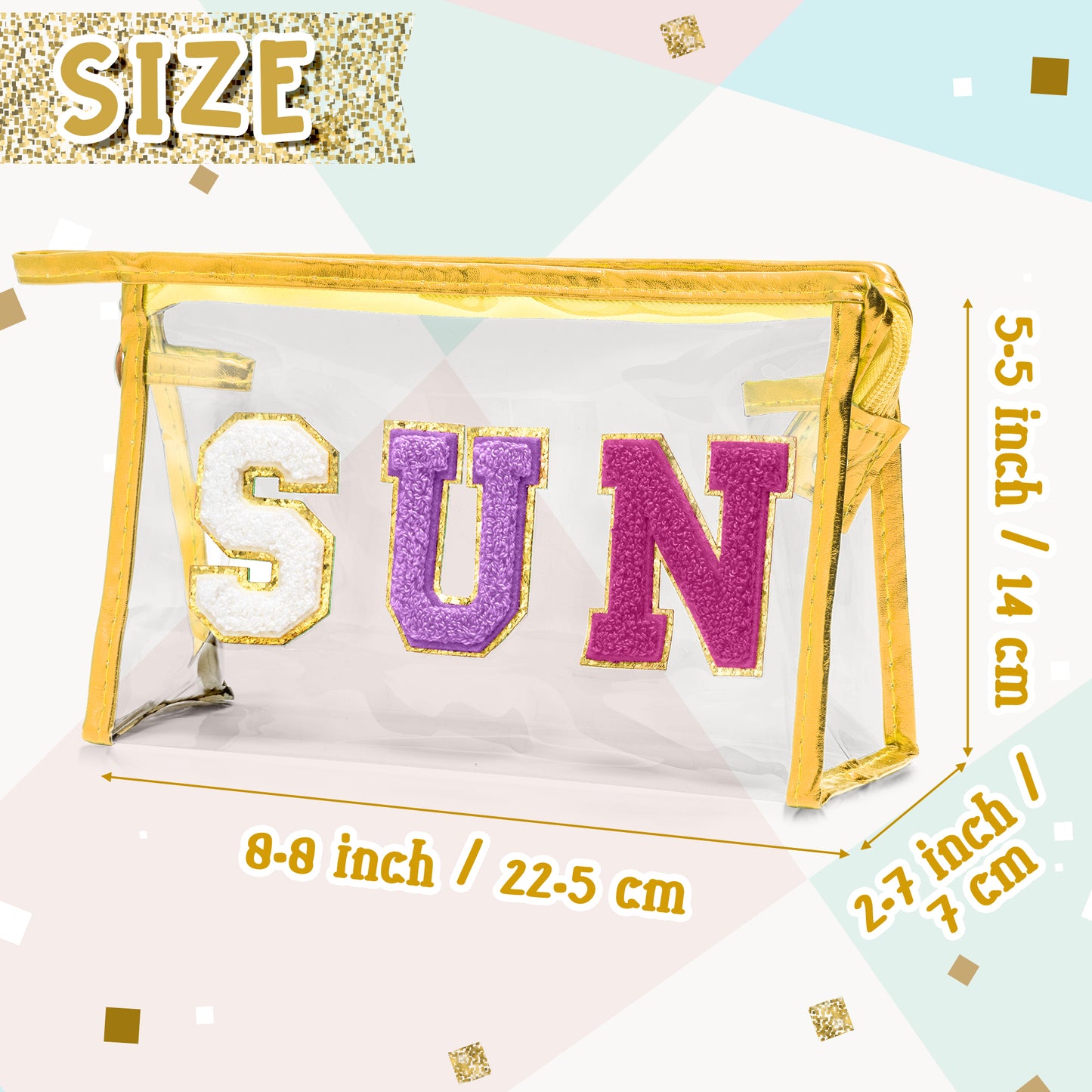 Y1tvei Clear SUN Makeup Bag - Preppy Purple SUN Chenille Varsity Letter Cosmetic Bag PVC Transparent Zipper Waterproof Beach Makeup Carry Pouch Portable Travel Toiletry Organizer for Women(Gold)