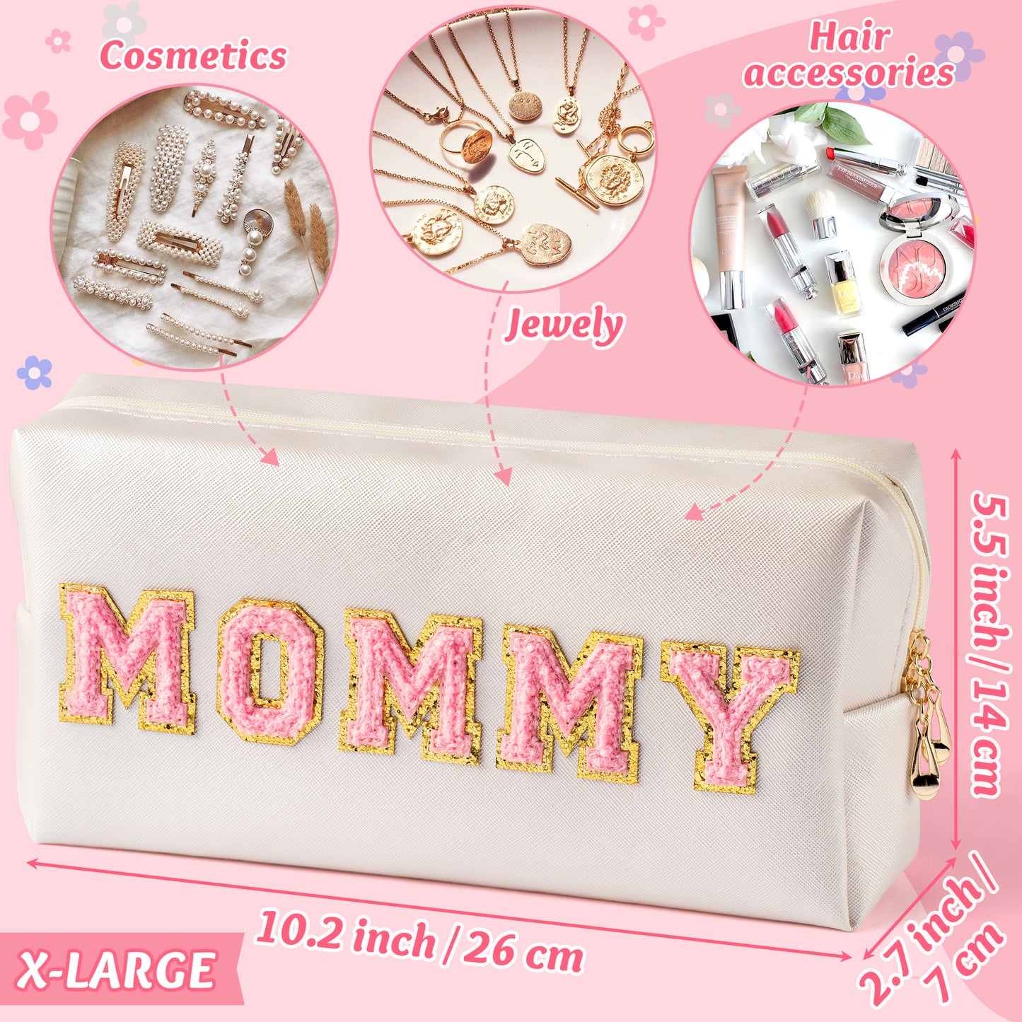 Y1tvei Preppy Patch Extra Large Mommy Varsity Letter Makeup Bag Pink Chenille Letter PU Leather Waterproof Portable Purse Cosmetic Toiletry Zipper Organizer Christmas Day Birthday Gift for Mom Women