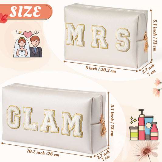 Y1tvei MRS GLAM Makeup Bag - Preppy White Mrs Glam Chenille Varsity Letter Cosmetic Bag  Leather Waterproof Toiletry Zipper Pouch for Purse Travel Organizer Wedding Bridal Shower Gift for Bride Women