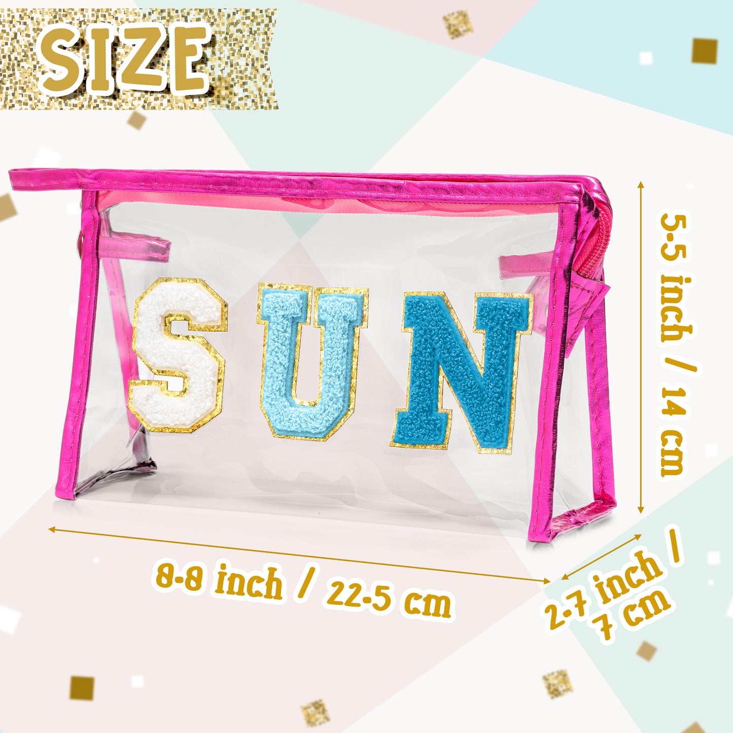 Y1tvei Clear SUN Makeup Bag - Preppy Blue SUN Chenille Varsity Letter Cosmetic Bag PVC Transparent Zipper Waterproof Beach Makeup Carry Pouch Portable Travel Toiletry Organizer for Women(Rose Red)