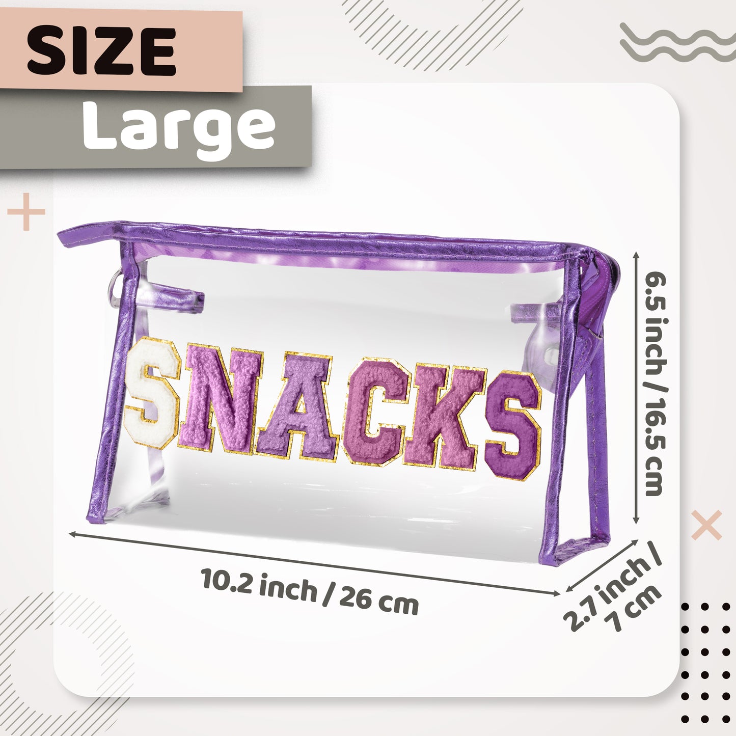 Y1tvei SNACKS Clear Makeup Bag - Preppy Patch Purple Chenille Varsity Letter Transparent PVC Large Cosmetic Pouch Portable Waterproof Travel Organizer Toiletry Compliant Bag for Women Girl(Purple)