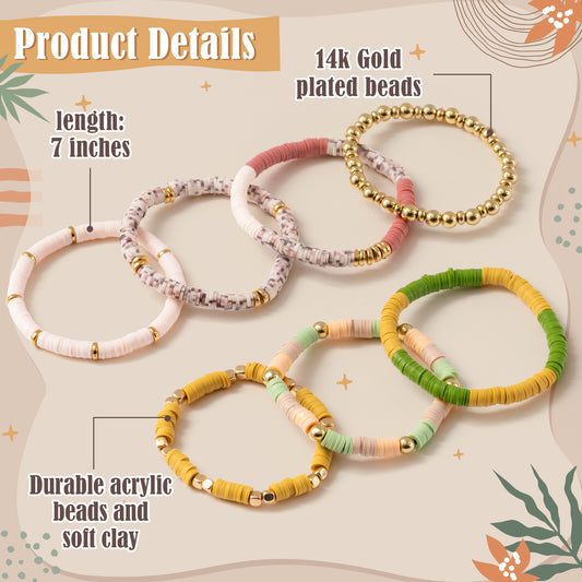 Y1tvei Earth Tone Bead Bracelets - 7Pcs Earth Tone Clay Bead Surfer Bracelet Set Gold Plated Bead Stackable Stretch Bracelet Layering Summer Beach Jewelry Friendship Bracelet Gift for Women Teen Girls