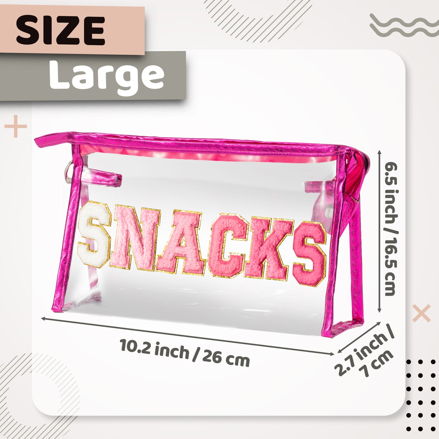 Y1tvei Large Clear SNACKS Pouch - Preppy Patch Rose Red Chenille Varsity Letter PVC Transparent Extra Large Cosmetic Makeup Bag Portable Waterproof Travel Organizer Toiletry Bag for Women(Rose Red)