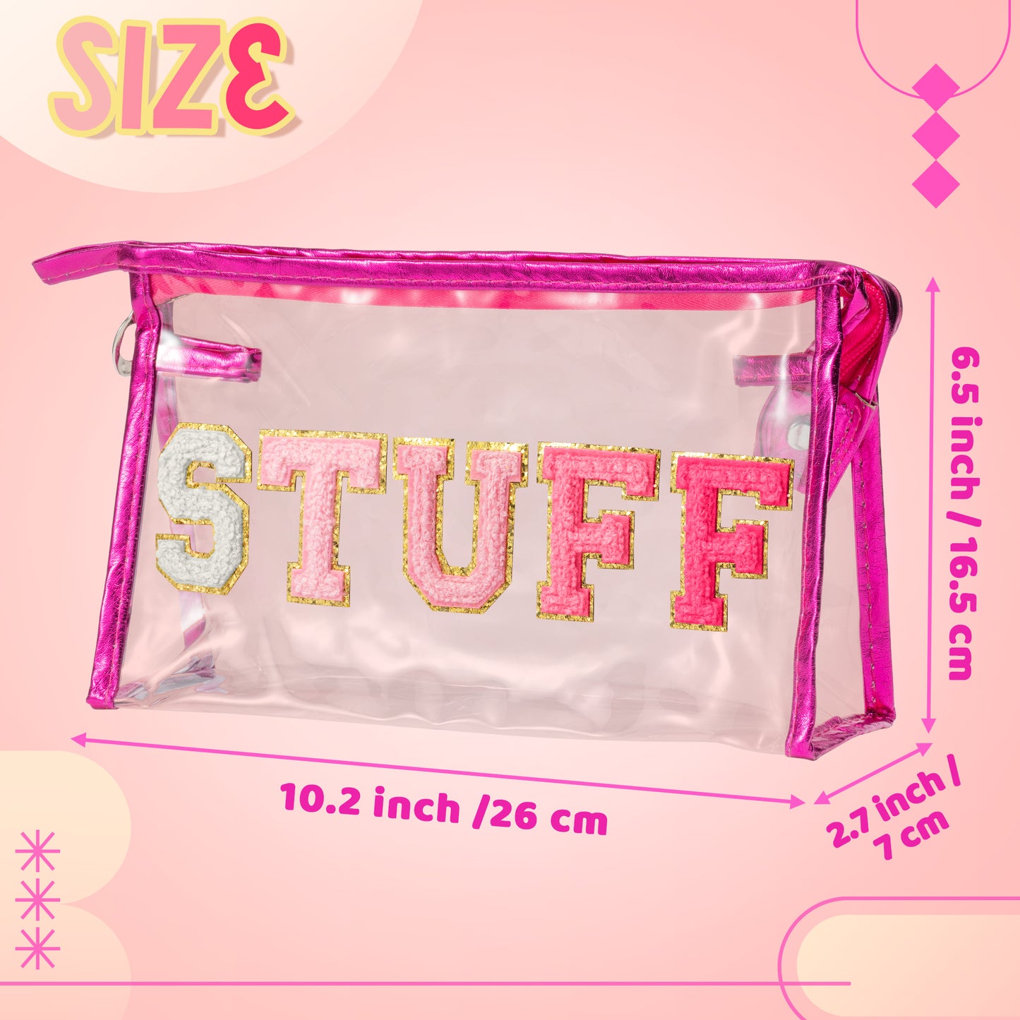 Y1tvei STUFF Large Makeup Bag - Preppy Patch Chenille Varsity Letter Transparent PVC Clear Extra Large Cosmetic Pouch Portable Waterproof Travel Organizer Toiletry Compliant Bag for Women(Rose Red)