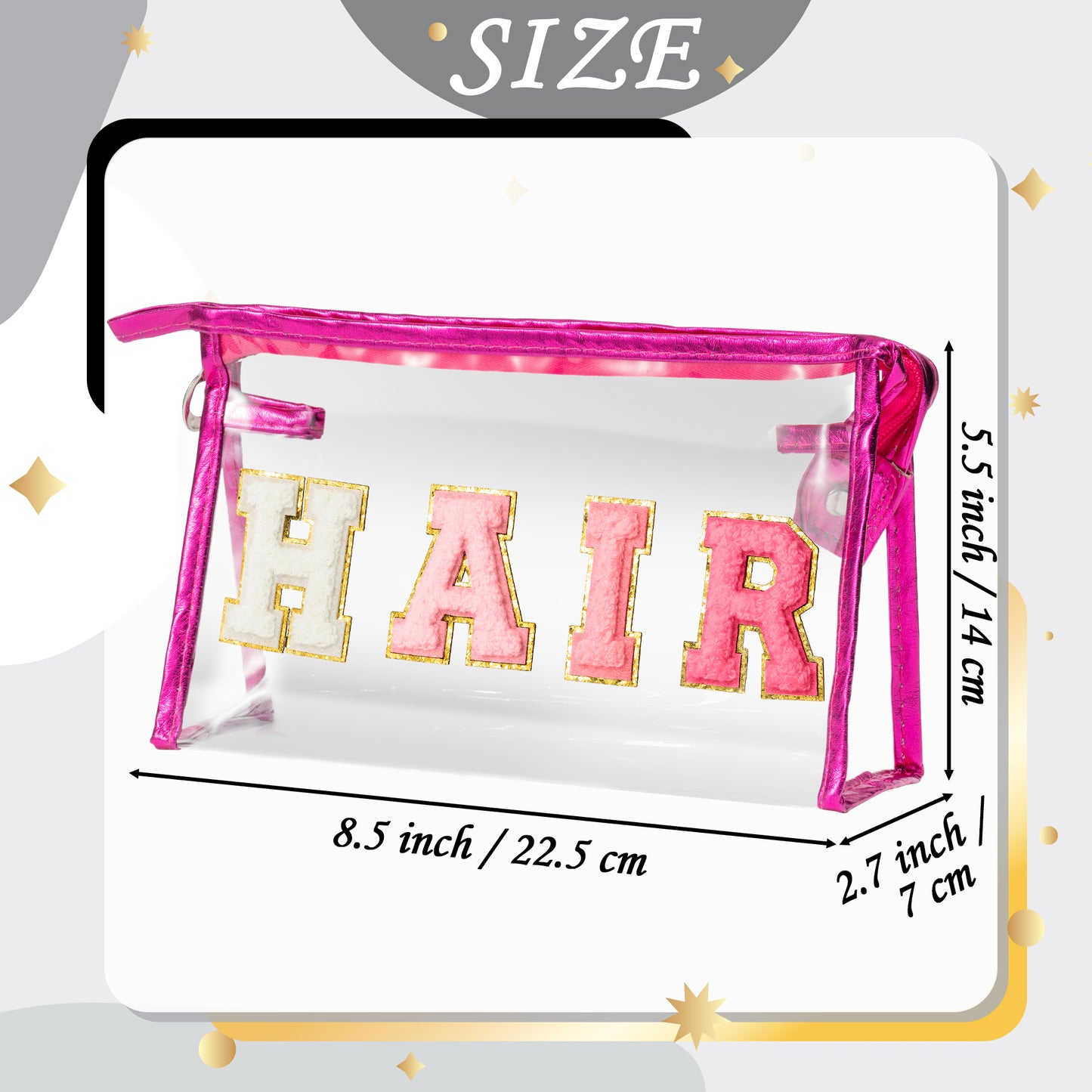 Y1tvei Clear HAIR Makeup Bag - Preppy Patch Rose Red Chenille Varsity Letter Cosmetic Bag Transparent PVC Zipper Waterproof Portable Beach Travel Storage Pouch Toiletry Organizer for Women(Rose Red)