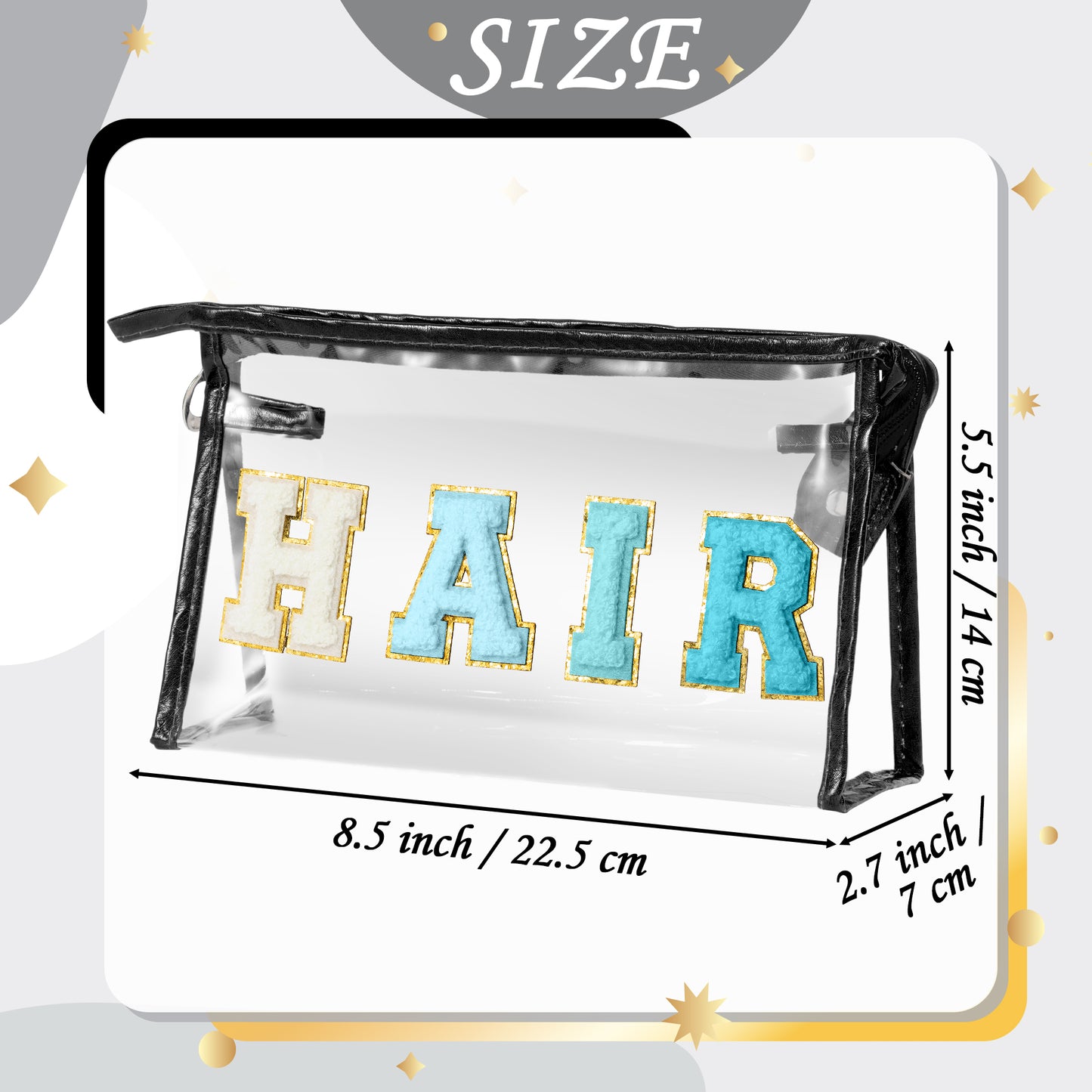 Y1tvei Clear HAIR Makeup Bag - Preppy Patch Blue Chenille Varsity Letter Cosmetic Bag Transparent PVC Zipper Waterproof Portable Beach Travel Storage Pouch Toiletry Organizer for Women(Black)