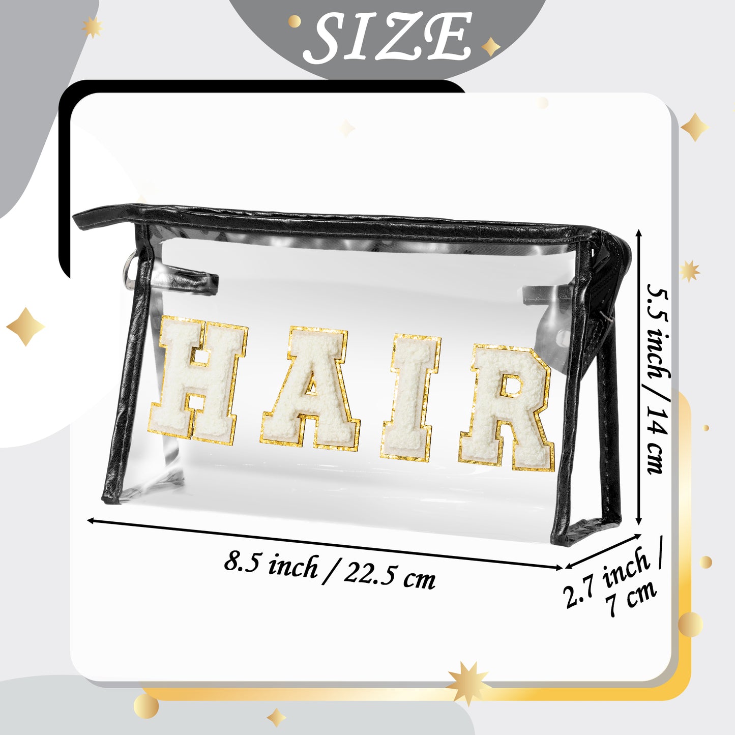 Y1tvei Clear HAIR Makeup Bag - Preppy Patch White Chenille Varsity Letter Cosmetic Bag Transparent PVC Zipper Waterproof Portable Beach Travel Storage Pouch Toiletry Organizer for Women(Black)