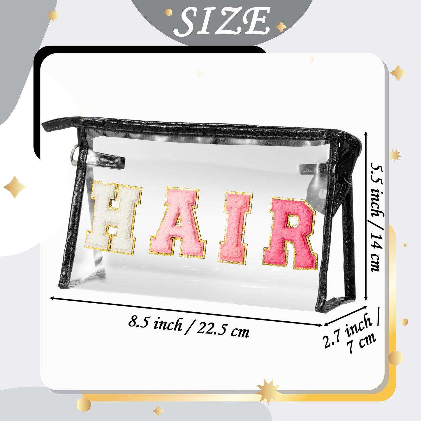 Y1tvei Clear HAIR Makeup Bag - Preppy Patch Rose Red Chenille Varsity Letter Cosmetic Bag Transparent PVC Zipper Waterproof Portable Beach Travel Storage Pouch Toiletry Organizer for Women(Black)