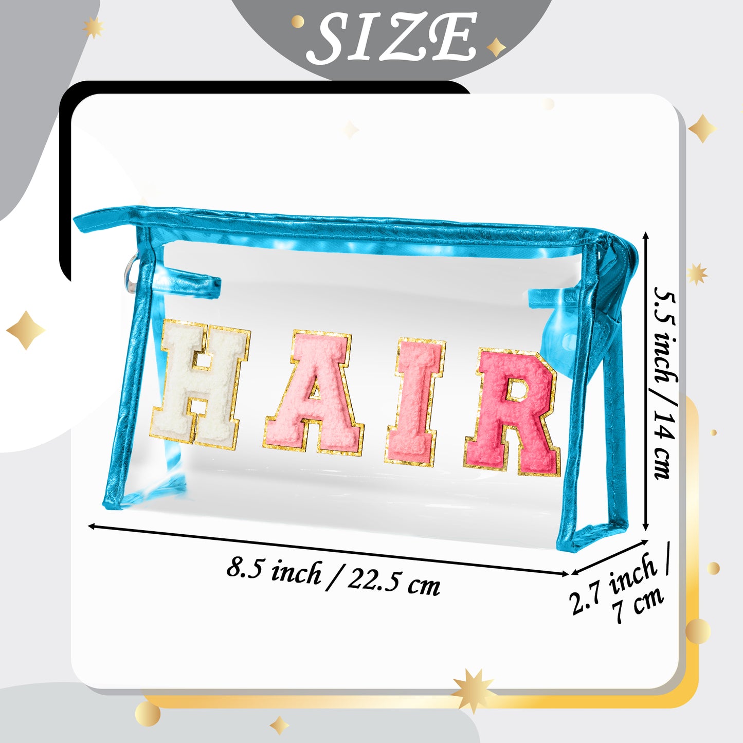 Y1tvei Clear HAIR Makeup Bag - Preppy Patch Rose Red Chenille Varsity Letter Cosmetic Bag Transparent PVC Zipper Waterproof Portable Beach Travel Storage Pouch Toiletry Organizer for Women(Blue)