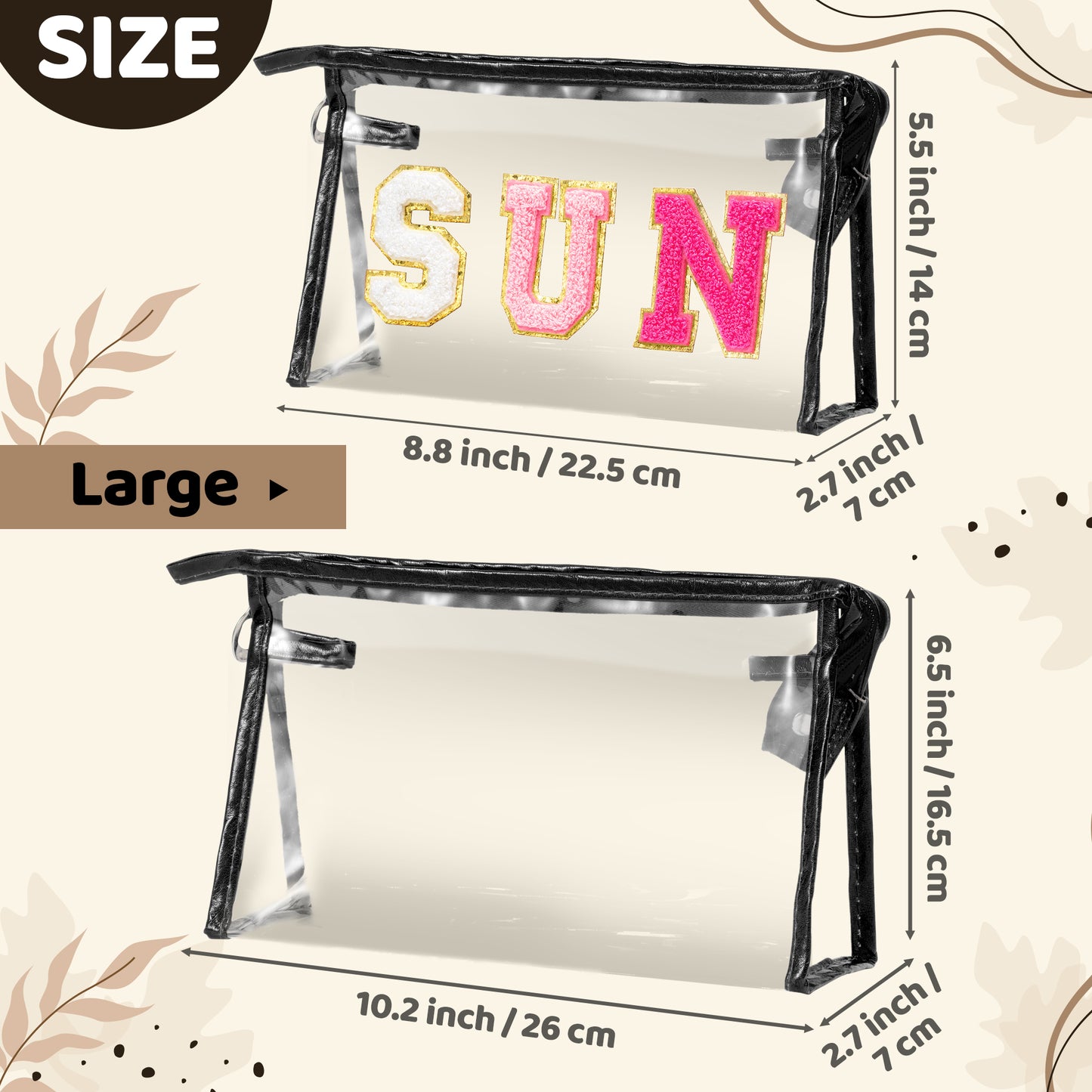 Y1tvei Clear SUN Makeup Bag - 2Pcs Preppy Rose Red SUN Chenille Varsity Letter Cosmetic Bag Black Large PVC Transparent Toiletry Organizer Zipper Waterproof Beach Travel Makeup Pouch for Women(Black)