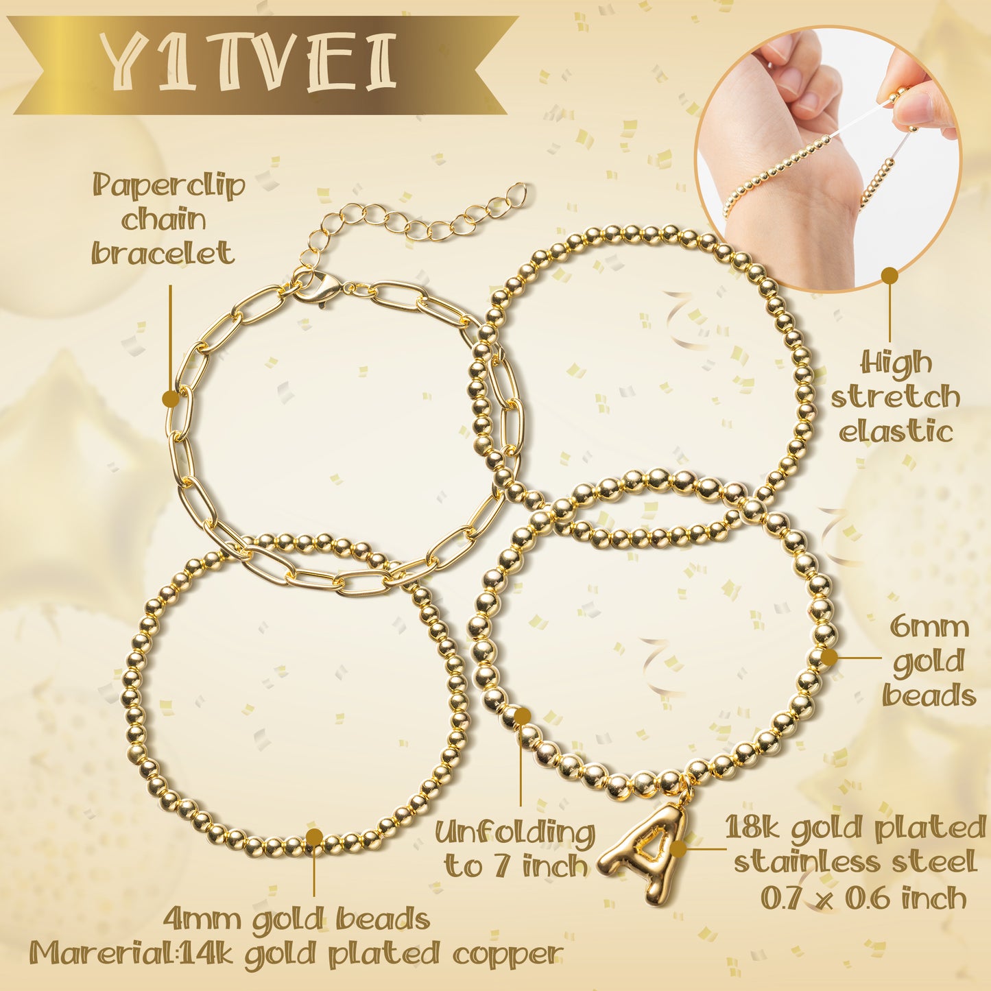 Y1tvei 5Pcs Bubble Letter Gold Beaded Bracelets for Women Puffy Balloon Initial A-Z Alphabet Pendant Bracelet Stackable 14k Gold Plated Stretch Bead Ball Bracelet Charm Name Personalized Jewelry Gifts