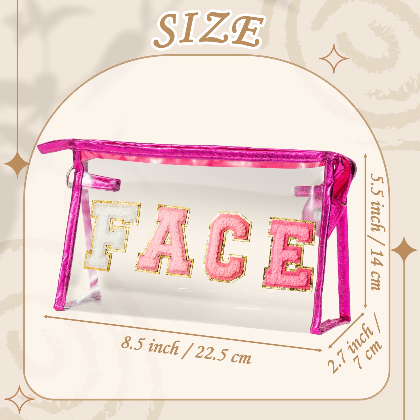 Y1tvei Clear FACE Makeup Bag - Preppy Rose Red FACE Chenille Varsity Letter Cosmetic Bag PVC Transparent Zipper Waterproof Beach Makeup Pouch Portable Travel Toiletry Organizer for Women(Rose Red)