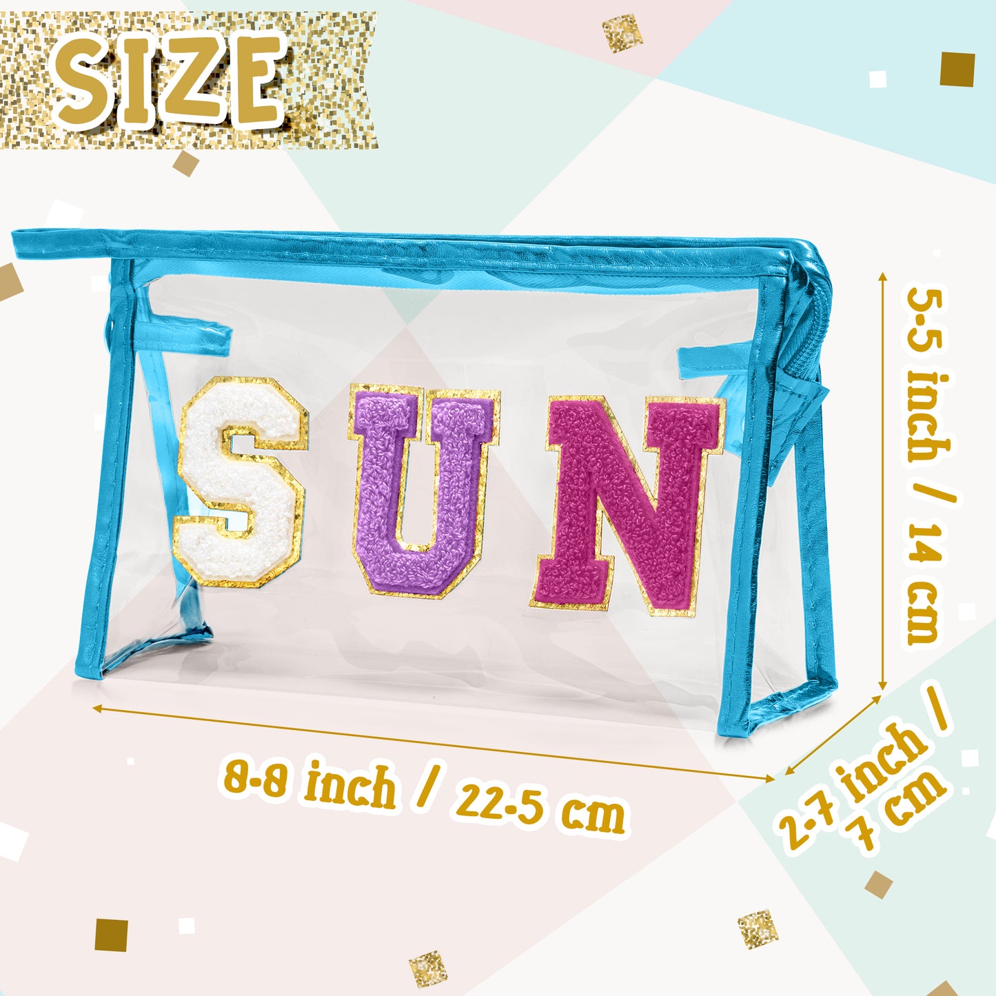 Y1tvei Clear SUN Makeup Bag - Preppy Purple SUN Chenille Varsity Letter Cosmetic Bag PVC Transparent Zipper Waterproof Beach Makeup Carry Pouch Portable Travel Toiletry Organizer for Women(Blue)