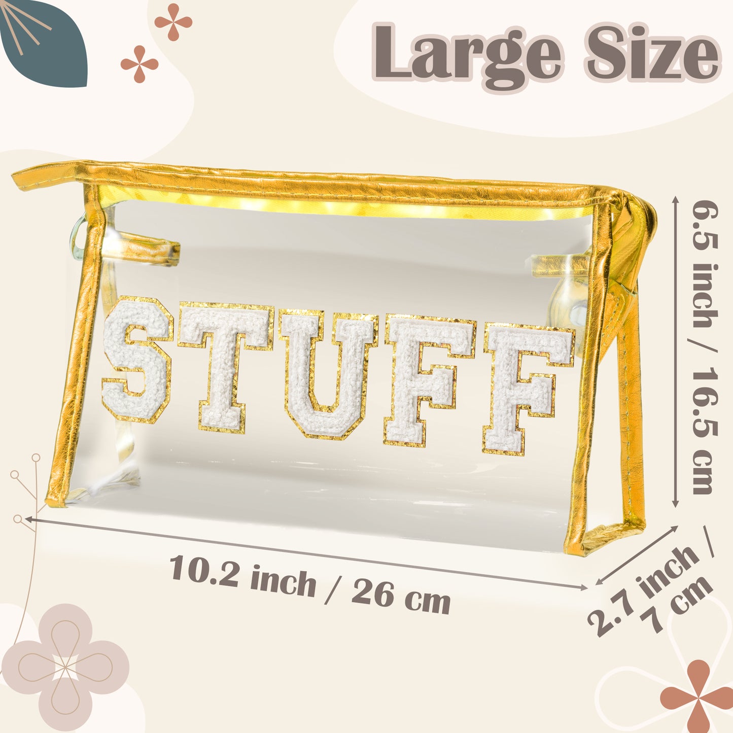 Y1tvei Clear STUFF Makeup Bag - Preppy Patch White Chenille Varsity Letter PVC Transparent Extra Large Cosmetic Pouch Portable Waterproof Travel Organizer Toiletry Compliant Bag for Women(Gold)