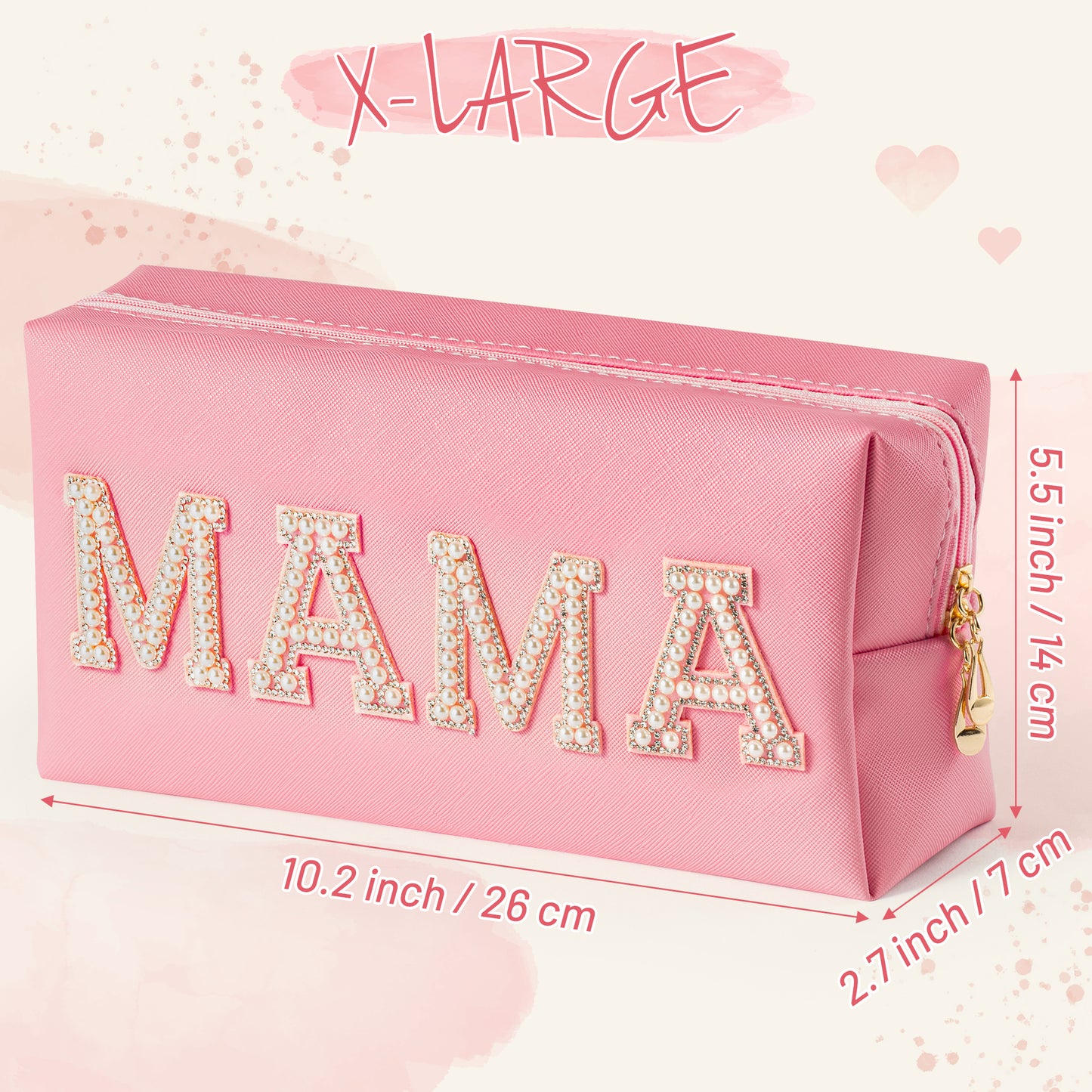 Y1tvei Pearl Rhinestone Mama Letter Pink Patch Makeup Bag Extra Large Pu Leather Cosmetic Pouch Varsity Pearl Letter Toiletry Bag Waterproof Travel Organizer Mom Birthday Gift for Mother Women (Pink)