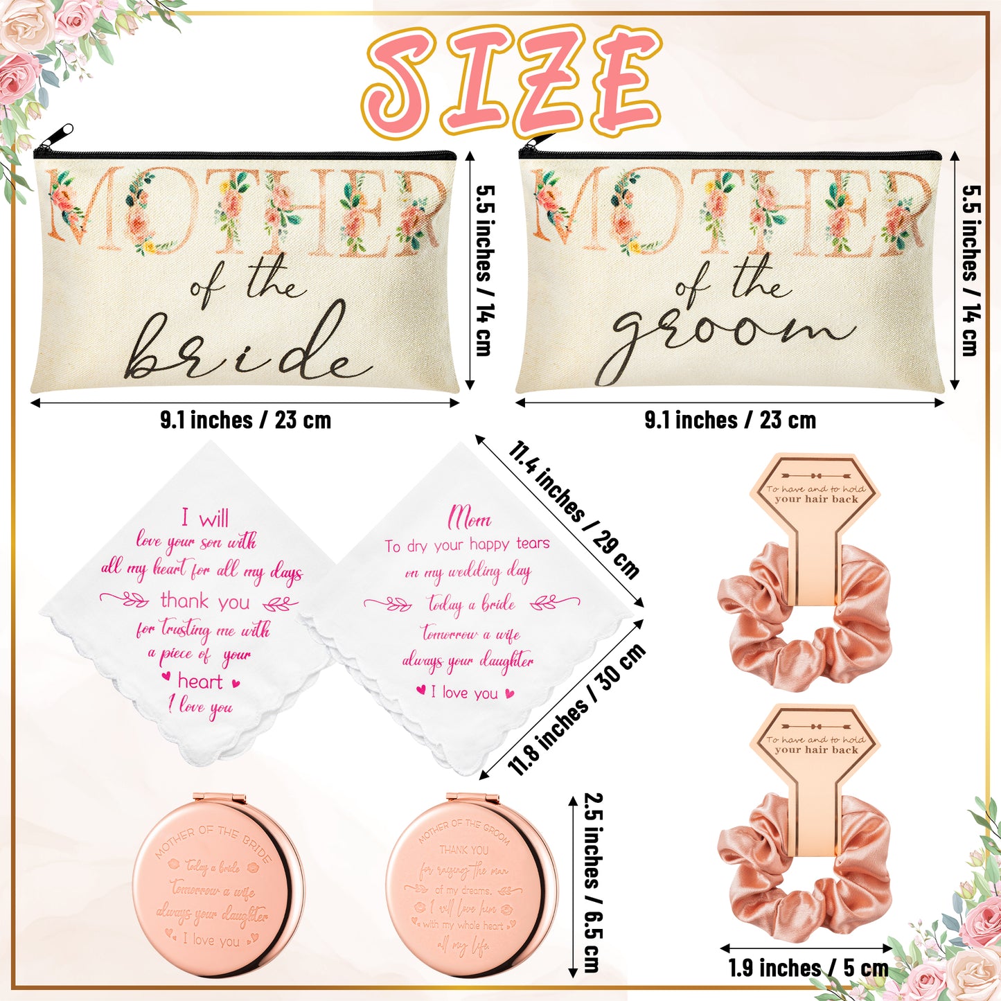 Y1tvei 8Pcs Flower Mother of the Groom and Bride Gifts Set Mother of the Bride Canvas Cosmetic Bag Small Makeup Mirror Handkerchief Rose Gold Scrunchies Engagement Wedding Gifts for Mom Mother in Law