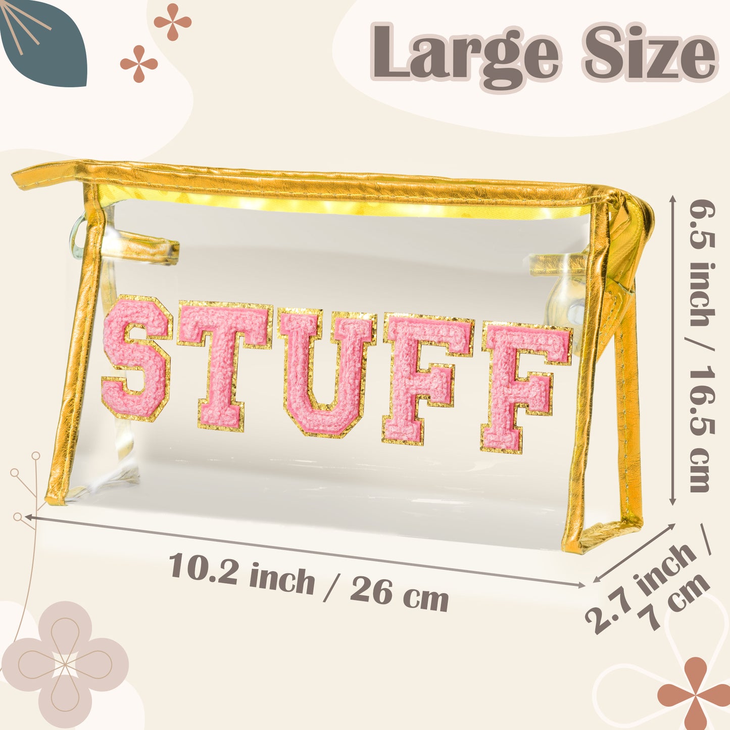 Y1tvei Clear STUFF Makeup Bag - Preppy Patch Pink Chenille Varsity Letter PVC Transparent Extra Large Cosmetic Pouch Portable Waterproof Travel Organizer Toiletry Compliant Bag for Women(Gold)