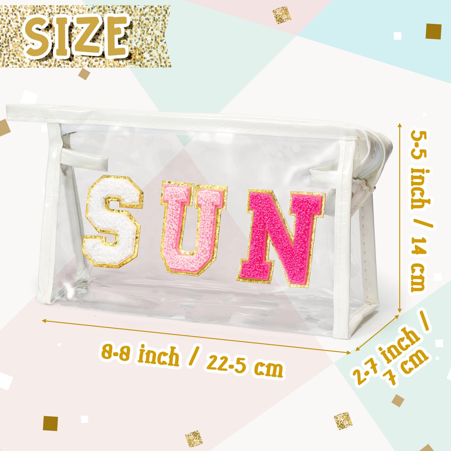 Y1tvei Clear SUN Makeup Bag - Preppy Rose Red SUN Chenille Varsity Letter Cosmetic Bag PVC Transparent Zipper Waterproof Beach Makeup Carry Pouch Portable Travel Toiletry Organizer for Women(White)