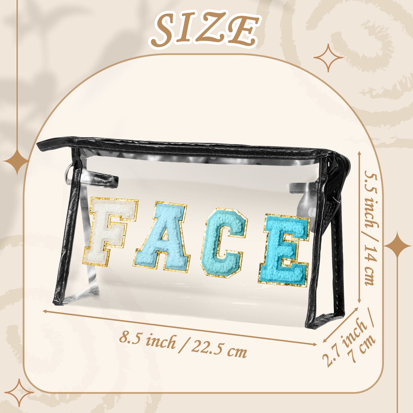 Y1tvei Clear FACE Makeup Bag - Preppy Blue FACE Chenille Varsity Letter Cosmetic Bag PVC Transparent Zipper Waterproof Beach Swim Makeup Carry Pouch Portable Travel Toiletry Organizer for Women(Black)