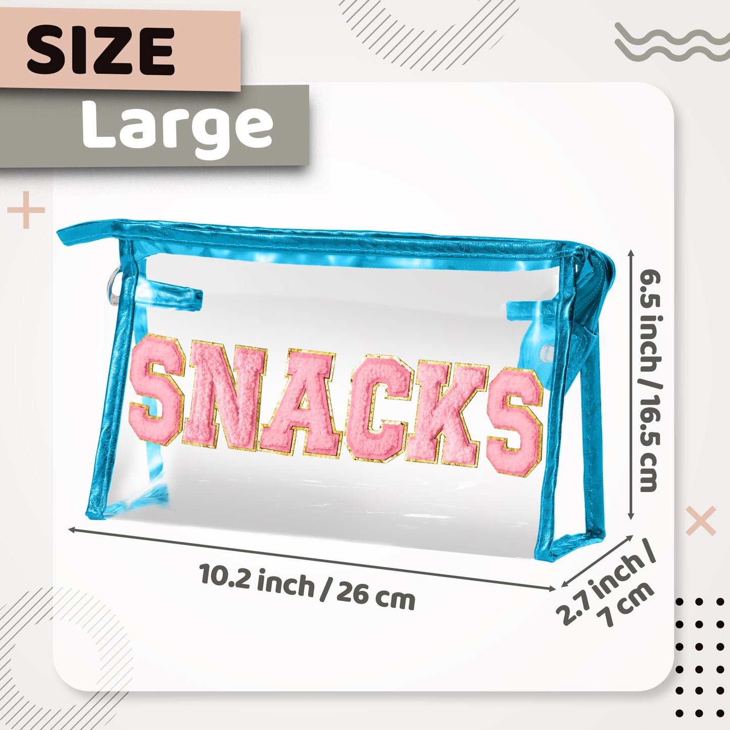 Y1tvei Large Clear SNACKS Pouch - Preppy Patch Pink Chenille Varsity Letter PVC Transparent Extra Large Cosmetic Makeup Bag Portable Waterproof Beach Travel Organizer Toiletry Bag for Women(Blue)