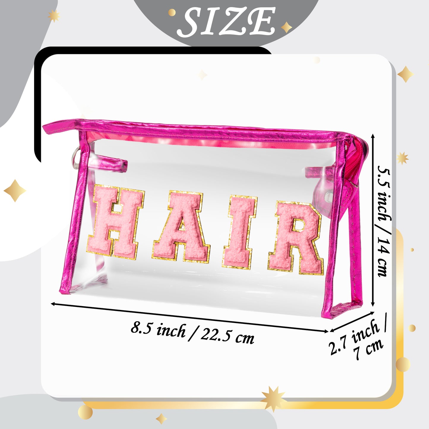 Y1tvei Clear HAIR Makeup Bag - Preppy Patch Pink Chenille Varsity Letter Cosmetic Bag Transparent PVC Zipper Waterproof Portable Beach Travel Storage Pouch Toiletry Organizer for Women(Rose Red)