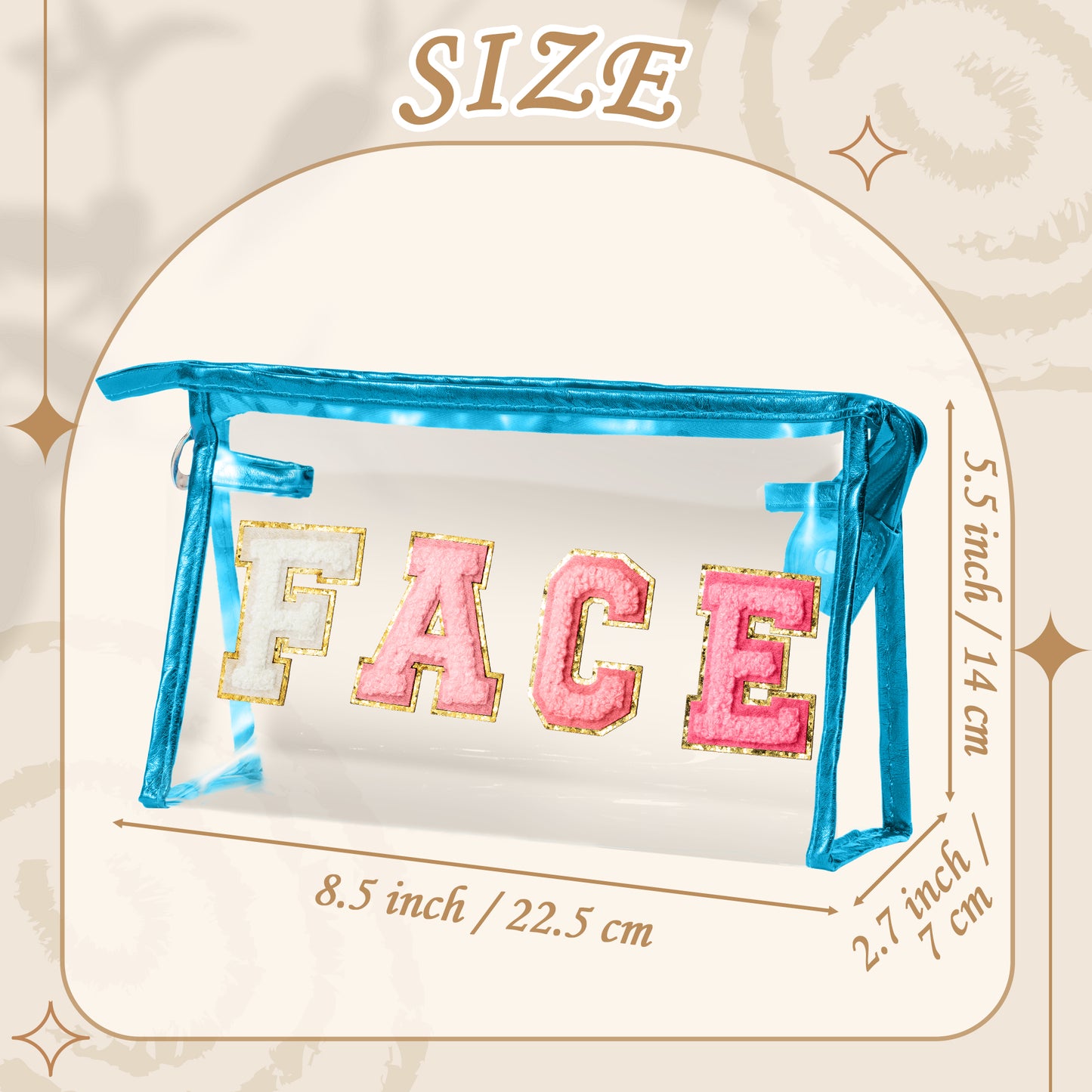 Y1tvei Clear FACE Makeup Bag - Preppy Rose Red FACE Chenille Varsity Letter Cosmetic Bag PVC Transparent Zipper Waterproof Beach Makeup Carry Pouch Portable Travel Toiletry Organizer for Women(Blue)