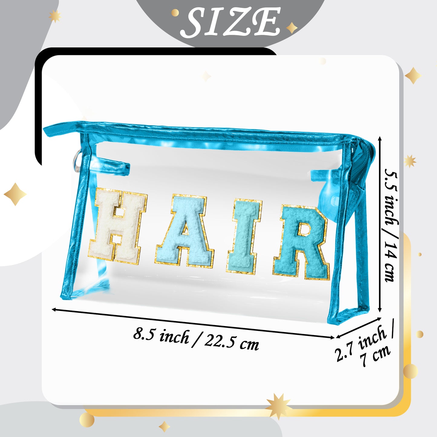 Y1tvei Clear HAIR Makeup Bag - Preppy Patch Blue Chenille Varsity Letter Cosmetic Bag Transparent PVC Zipper Waterproof Portable Beach Travel Storage Carry Pouch Toiletry Organizer for Women(Blue)