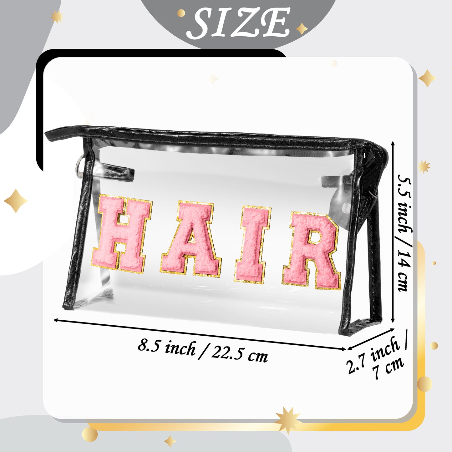 Y1tvei Clear HAIR Makeup Bag - Preppy Patch Pink Chenille Varsity Letter Cosmetic Bag Transparent PVC Zipper Waterproof Portable Beach Travel Storage Pouch Toiletry Organizer for Women(Black)