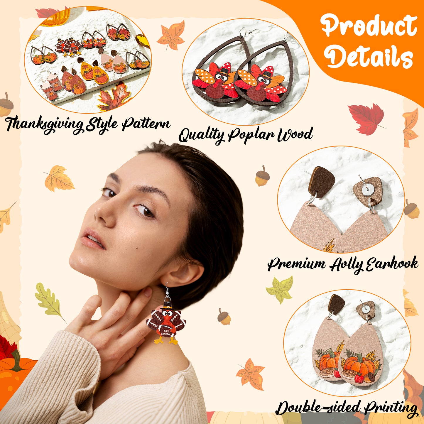 Y1tvei 9Pairs Thanksgiving Wooden Painted Earrings Set Maple Leaf Pumpkin Turkey Teardrop Dangle Earrings Lightweight Autumn Holiday Cute Sunflower Stud Earrings Party Jewelry Decor for Girls Women