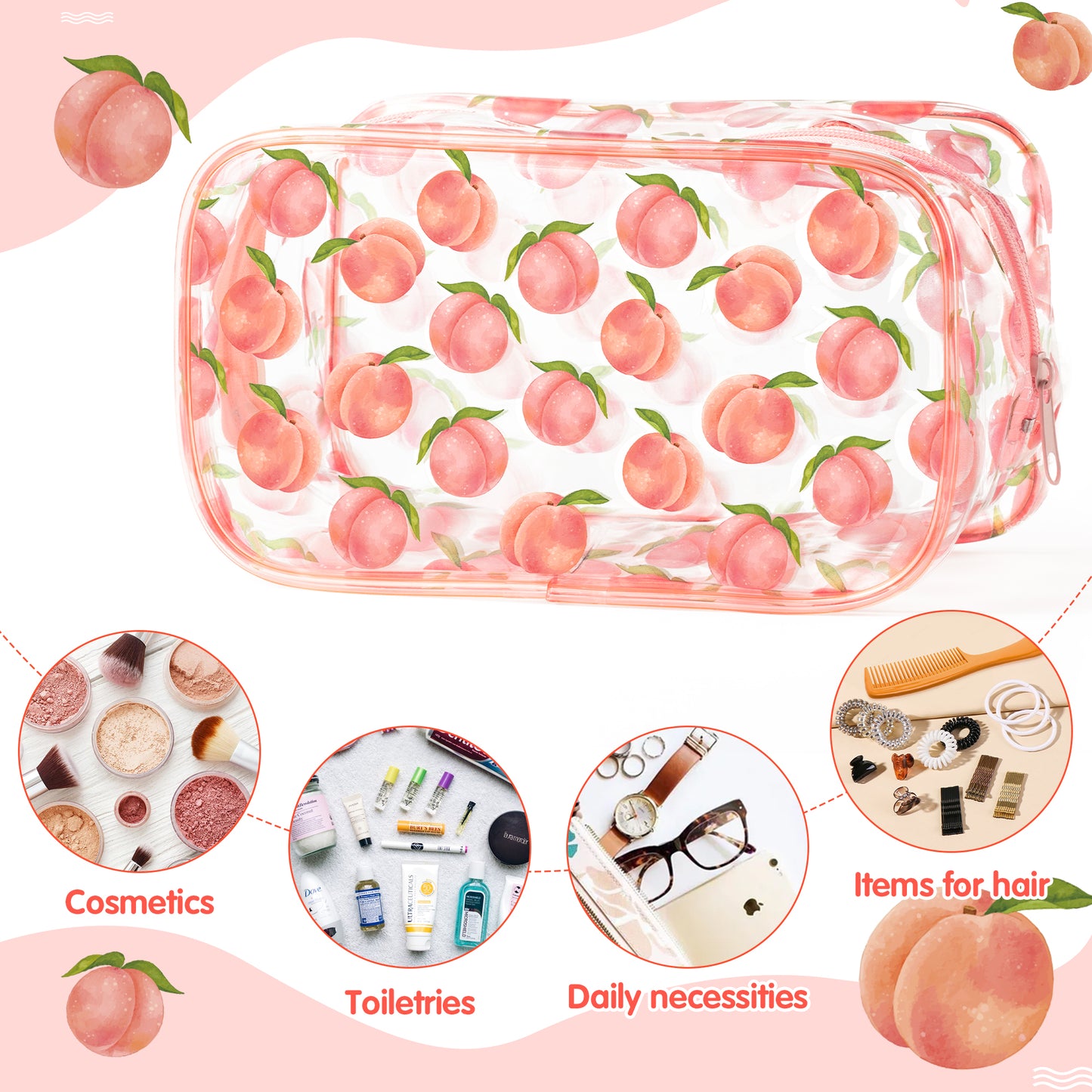 Y1tvei Pink Multiple Peaches Print Clear PVC Makeup Bag Cute Fruit Pattern Plastic Transparent Cosmetic Toiletry Bag Waterproof Portable Travel Organizer Zippered Clutch Purse for Women Girl Teens