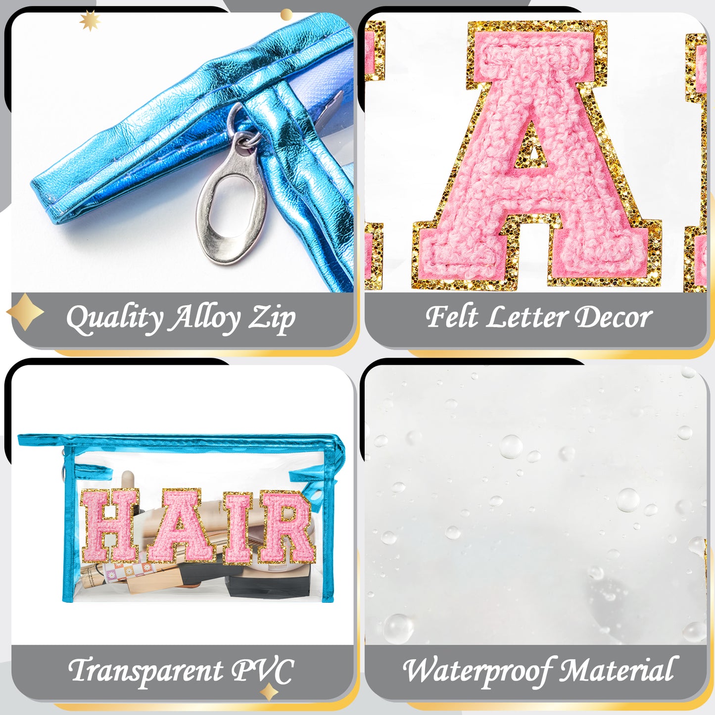 Y1tvei Clear HAIR Makeup Bag - Preppy Patch Pink Chenille Varsity Letter Cosmetic Bag Transparent PVC Zipper Waterproof Portable Beach Travel Storage Pouch Toiletry Organizer for Women(Blue)