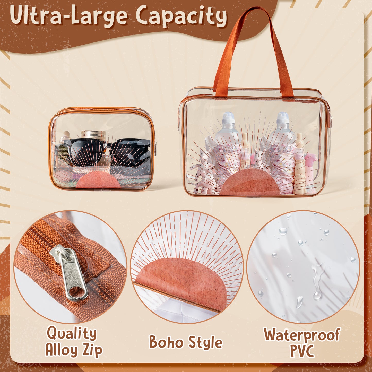 Y1tvei Boho Sun Cosmetic Bag - 2Pcs Large Boho Sunrise Sunshine Ray Makeup Bag With Handle PVC Transparent Waterproof Clear Swim Tote Bag Travel Organizer Handbag Compliant Toiletry Bag for Women