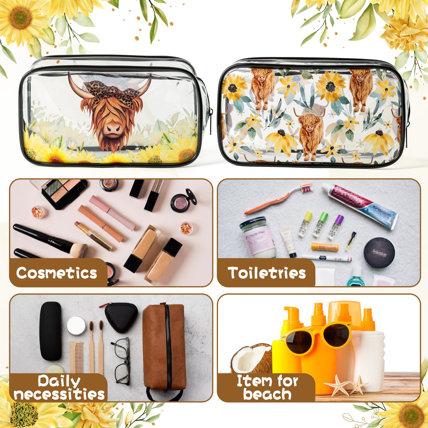 Y1tvei Highland Cow Cosmetic Bag - 2Pcs Highland Cattle Sunflower Print PVC Transparent Waterproof Toiletry Bag Portable Small Farmhouse Clear Makeup Pouch Beach Summer Gift for Cow Lover Women