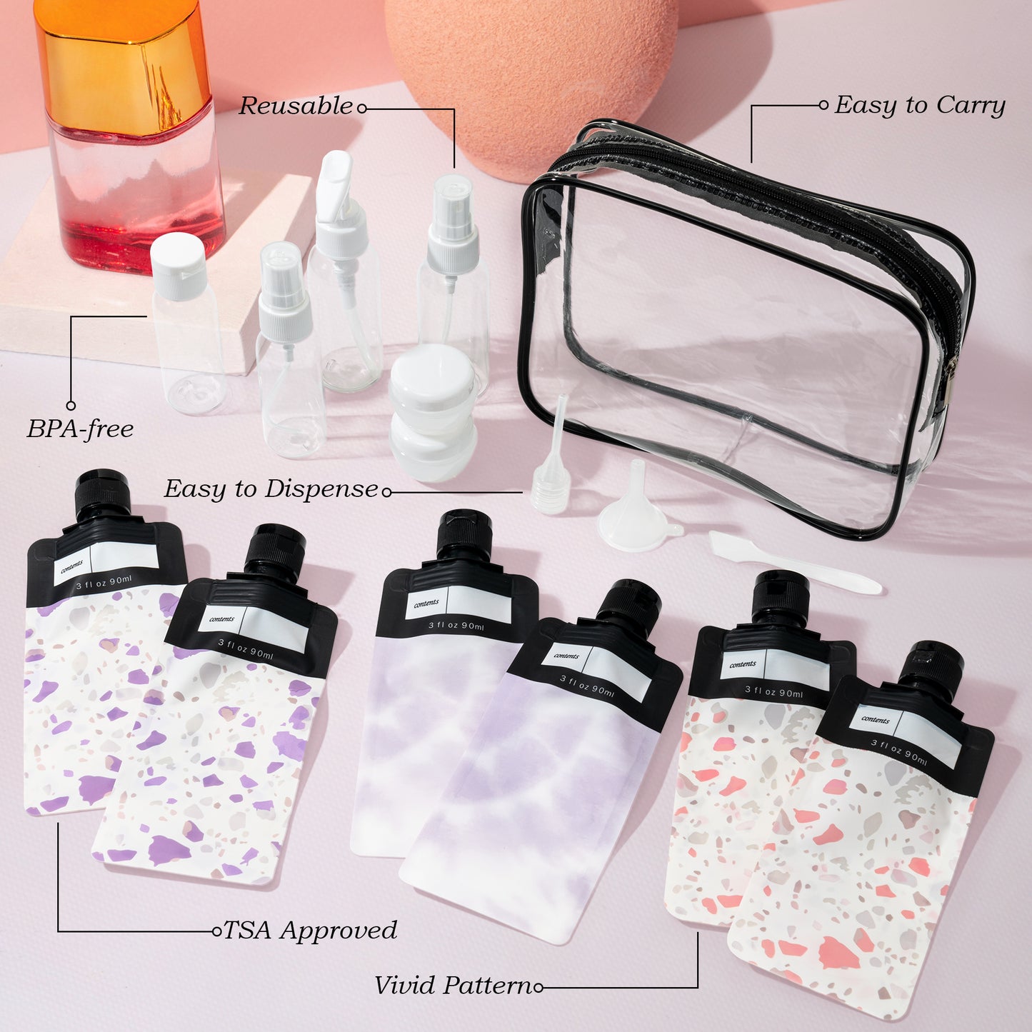 Y1tvei Travel Bottles for Toiletries - 16Pcs Pink Travel Bottles Kit Leakproof Refillable Squeeze Pouches TSA Approved Cosmetic Bag Reusable Travel Size Toiletries Containers Spray Bottle for Shampoo