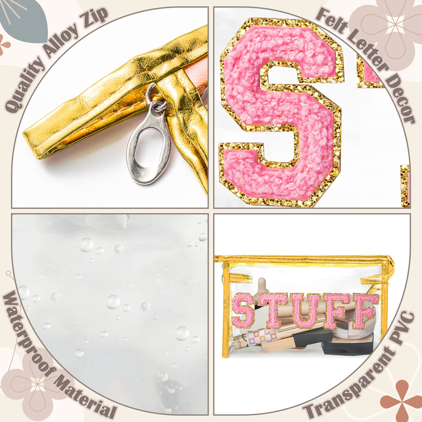 Y1tvei Clear STUFF Makeup Bag - Preppy Patch Pink Chenille Varsity Letter PVC Transparent Extra Large Cosmetic Pouch Portable Waterproof Travel Organizer Toiletry Compliant Bag for Women(Gold)