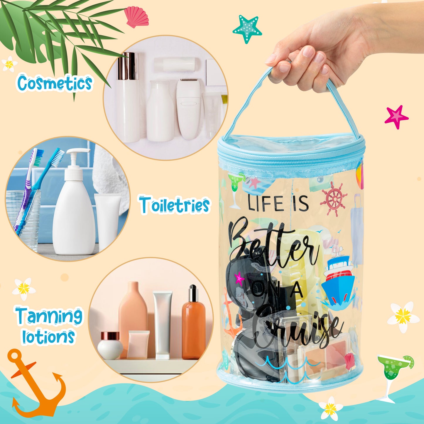 Y1tvei Cruise Lotion Toiletry Bag - Cruise Survival Kit Ship Essential Clear Cylinder Makeup Bag with Handle Transparent PVC Plastic Waterproof Barrel Zipper Cosmetic Beach Bag for Women Vacation