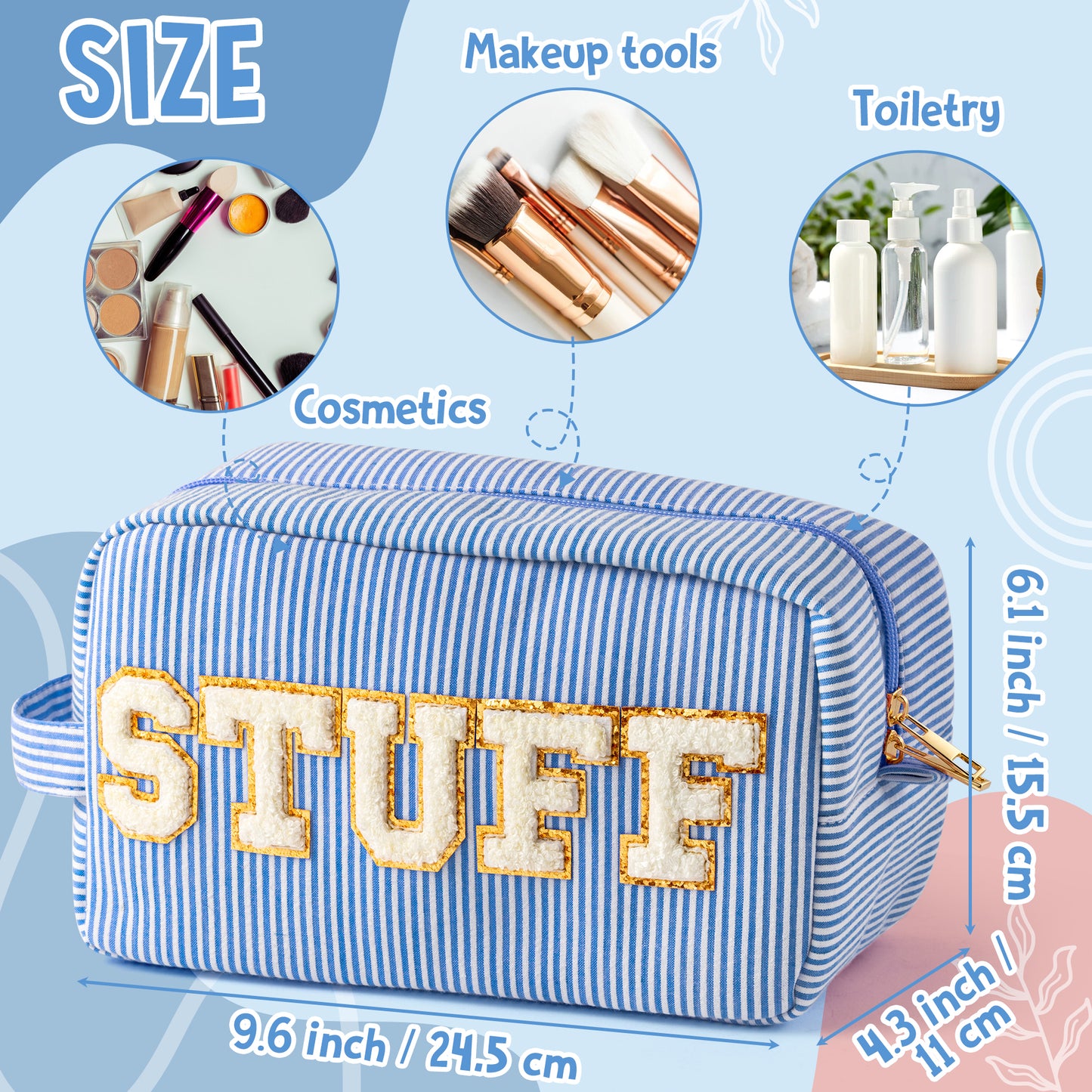 Y1tvei Blue White Striped STUFF Travel Makeup Bag with Side Handle Seersucker Chenille Letter Cosmetic Beauty Pouch Portable Zipper Toiletry Compliant Bag Large Capacity Travel Organizer for Women