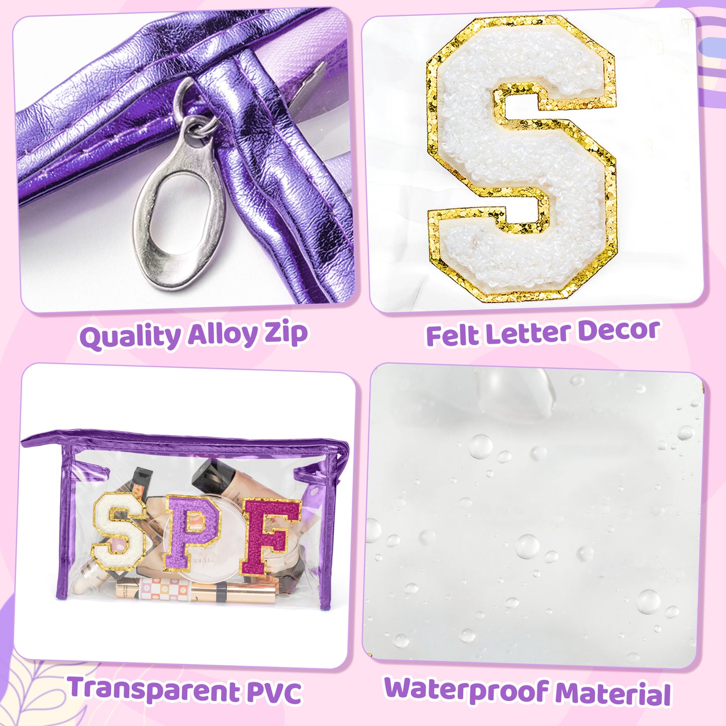 Y1tvei SPF STUFF Makeup Bag - 2Pcs Preppy Patch Chenille Varsity Letter Transparent PVC Extra Large Clear Cosmetic Sunscreen Pouch Portable Waterproof Travel Organizer Toiletry Bag for Women(Purple)