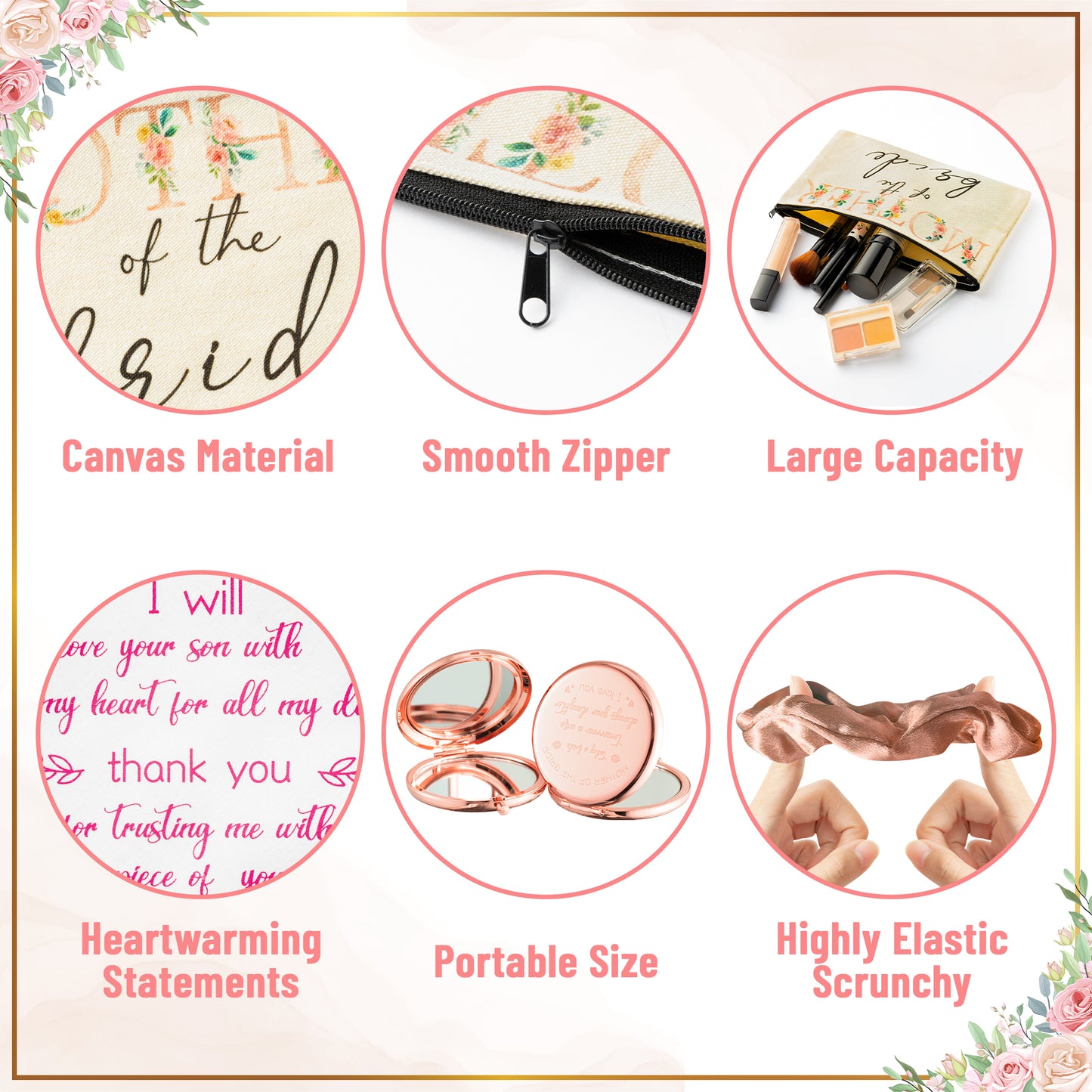 Y1tvei 8Pcs Flower Mother of the Groom and Bride Gifts Set Mother of the Bride Canvas Cosmetic Bag Small Makeup Mirror Handkerchief Rose Gold Scrunchies Engagement Wedding Gifts for Mom Mother in Law