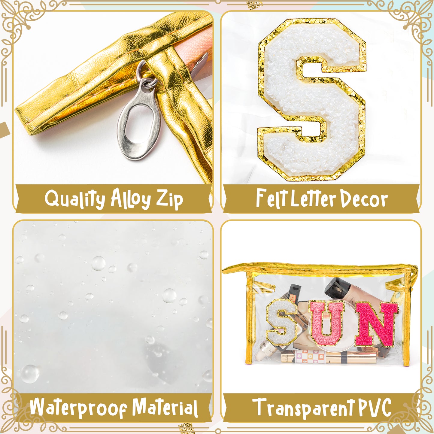 Y1tvei Clear SUN Makeup Bag - Preppy Rose Red SUN Chenille Varsity Letter Cosmetic Bag PVC Transparent Zipper Waterproof Beach Makeup Carry Pouch Portable Travel Toiletry Organizer for Women(Gold)