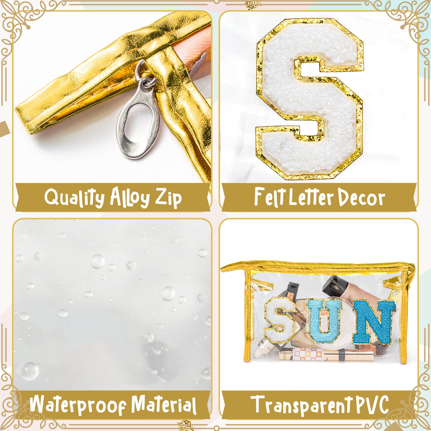 Y1tvei Clear SUN Makeup Bag - Preppy Blue SUN Chenille Varsity Letter Cosmetic Bag PVC Transparent Zipper Waterproof Beach Makeup Carry Pouch Portable Travel Toiletry Organizer for Women(Gold)