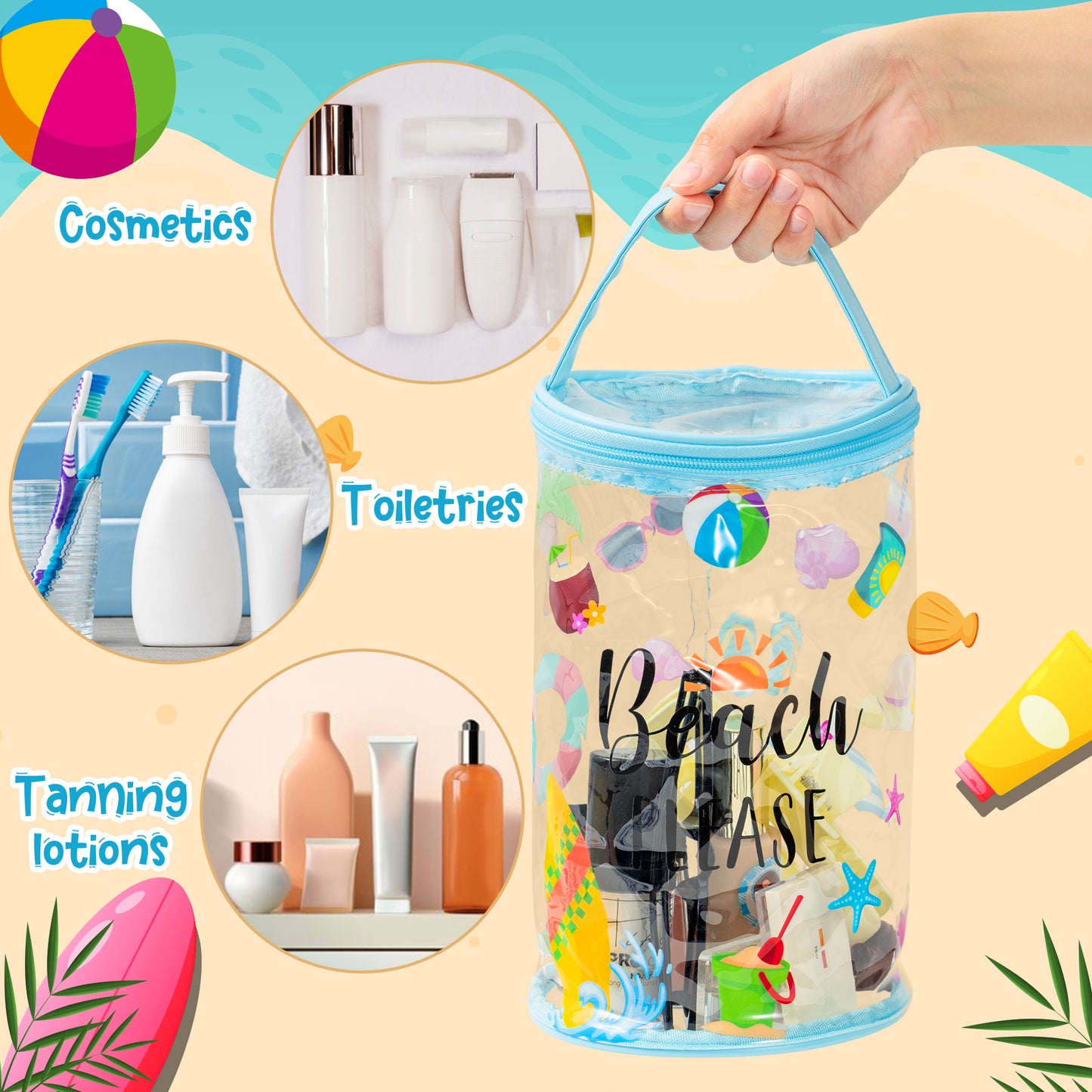 Y1tvei Beach Lotion Toiletry Bag - 2Pcs Beach Please Beach Survival Kit Cylinder Travel Makeup Bag with Handle Sunscreen Holder Pouch Clear PVC Plastic Waterproof Barrel Zipper Cosmetic Bag for Women