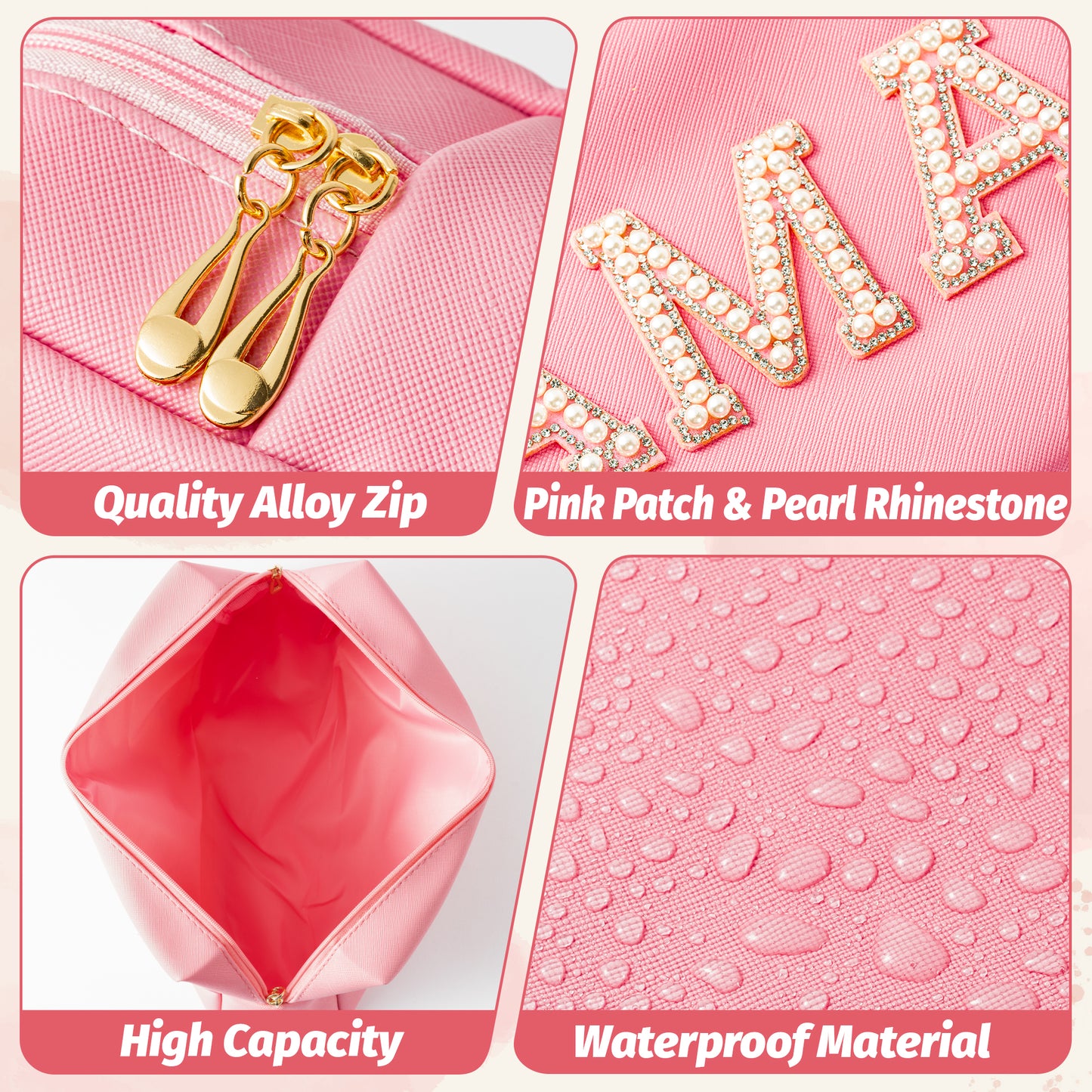 Y1tvei Pearl Rhinestone Mama Letter Pink Patch Makeup Bag Extra Large Pu Leather Cosmetic Pouch Varsity Pearl Letter Toiletry Bag Waterproof Travel Organizer Mom Birthday Gift for Mother Women (Pink)