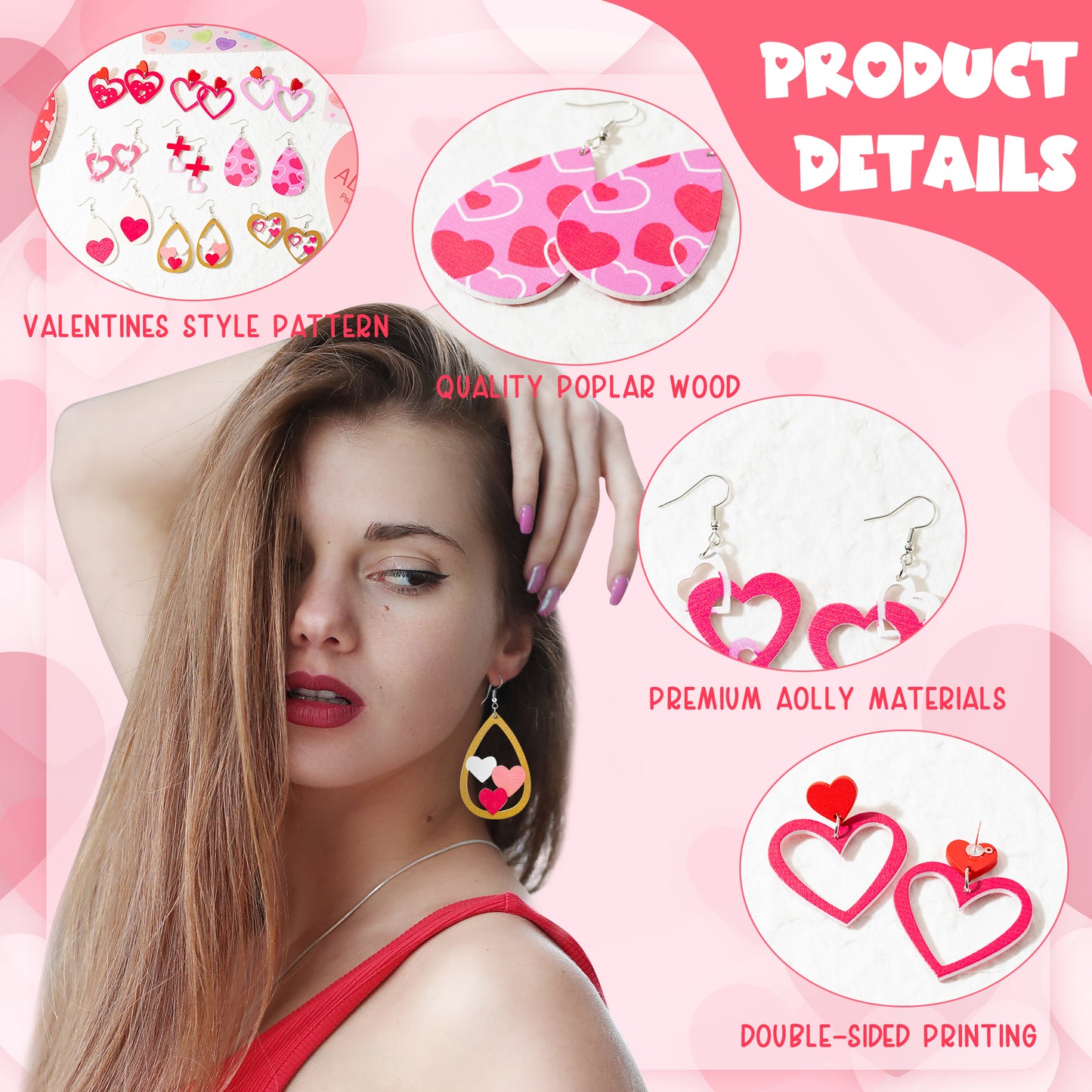 Y1tvei 9Pairs Valentines Day Wooden Painted Earrings Set Red Pink Love Heart Shaped Cutout Teardrop Dangle Earring Lightweight Cute Heart Stud Ear Decoration Holiday Jewelry Gift for Girls Lover Women