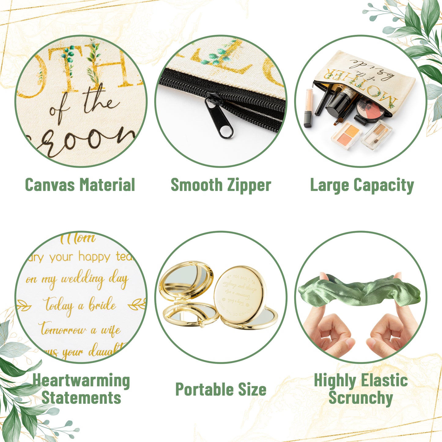 Y1tvei 8Pcs Leaves Mother of the Groom and Bride Gifts Set Mother of the Bride Canvas Cosmetic Toiletry Bag Makeup Mirror Handkerchief Green Scrunchies Wedding Engagement Gifts for Mom Mother in Law