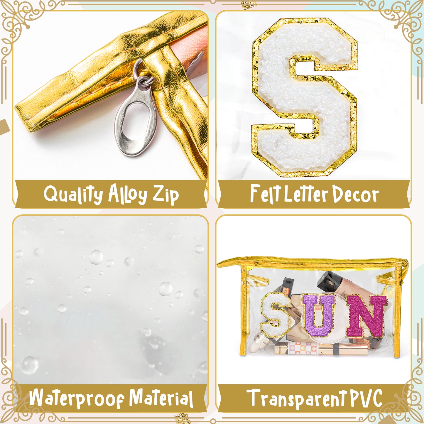 Y1tvei Clear SUN Makeup Bag - Preppy Purple SUN Chenille Varsity Letter Cosmetic Bag PVC Transparent Zipper Waterproof Beach Makeup Carry Pouch Portable Travel Toiletry Organizer for Women(Gold)